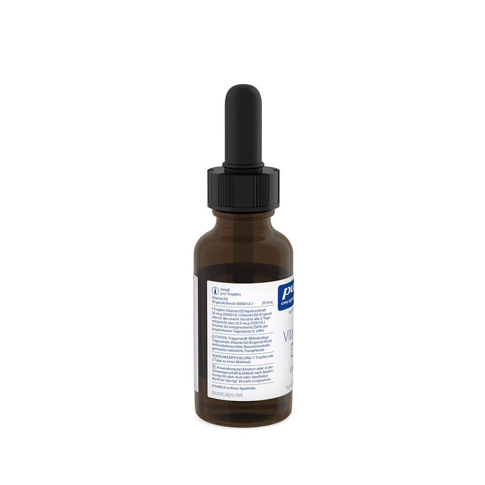 Braune Glasflasche mit schwarzem Deckel und Pipette. Etikett mit Produktinformationen und Marke.