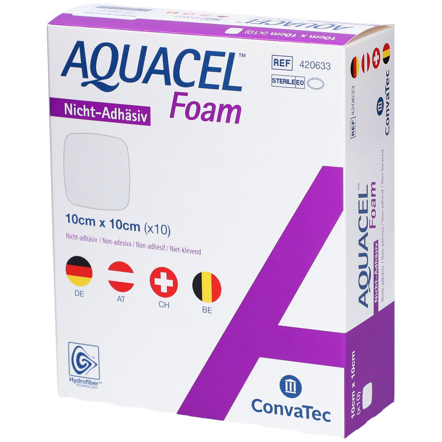 Verpackung AQUACEL Foam, 10x10 cm. Nicht-adhäsiv. Mit Logos und Länderflaggen. KonvaTec.