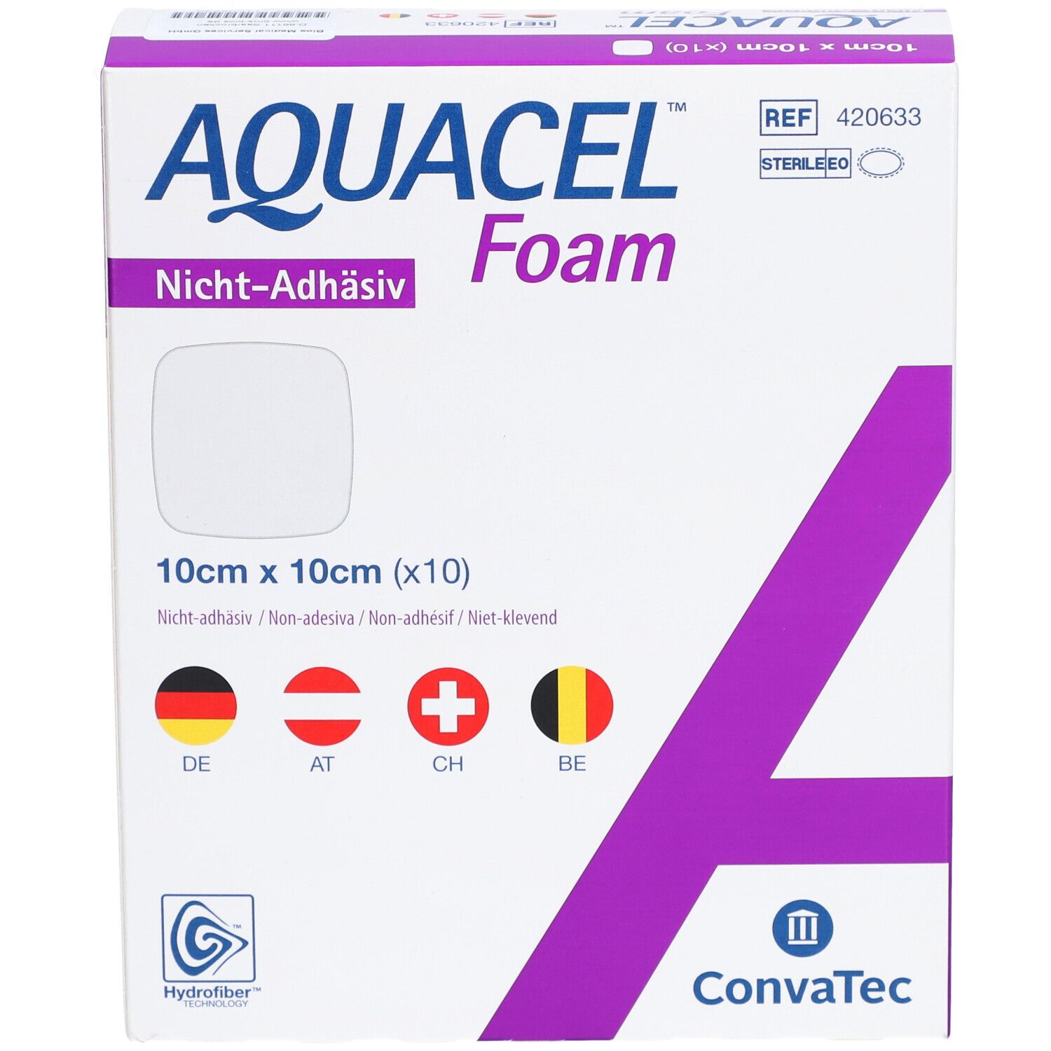 Verpackung AQUACEL Foam, 10x10 cm. Nicht-adhäsiv. Mit Logos und Länderflaggen. KonvaTec.