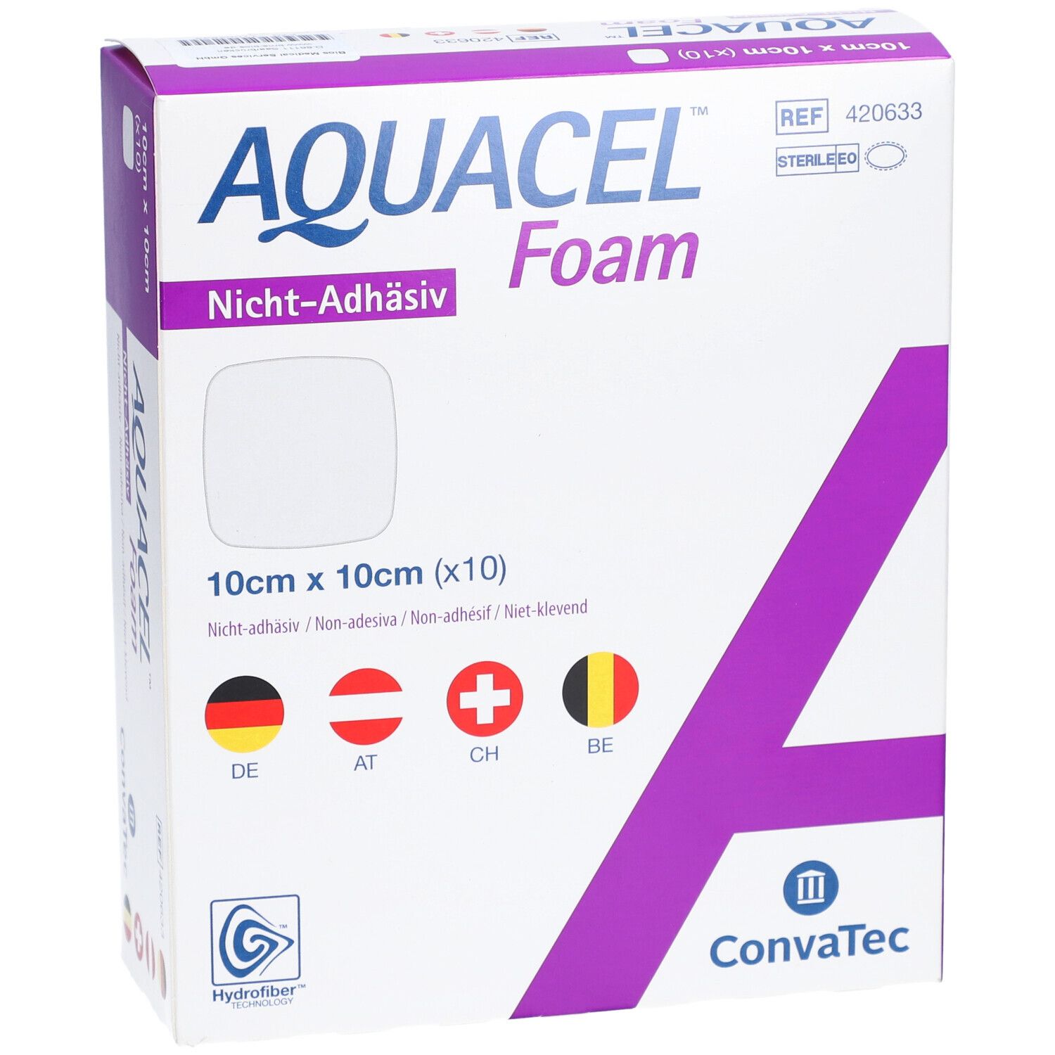 Verpackung AQUACEL Foam, 10x10 cm. Nicht-adhäsiv. Mit Logos und Länderflaggen. KonvaTec.