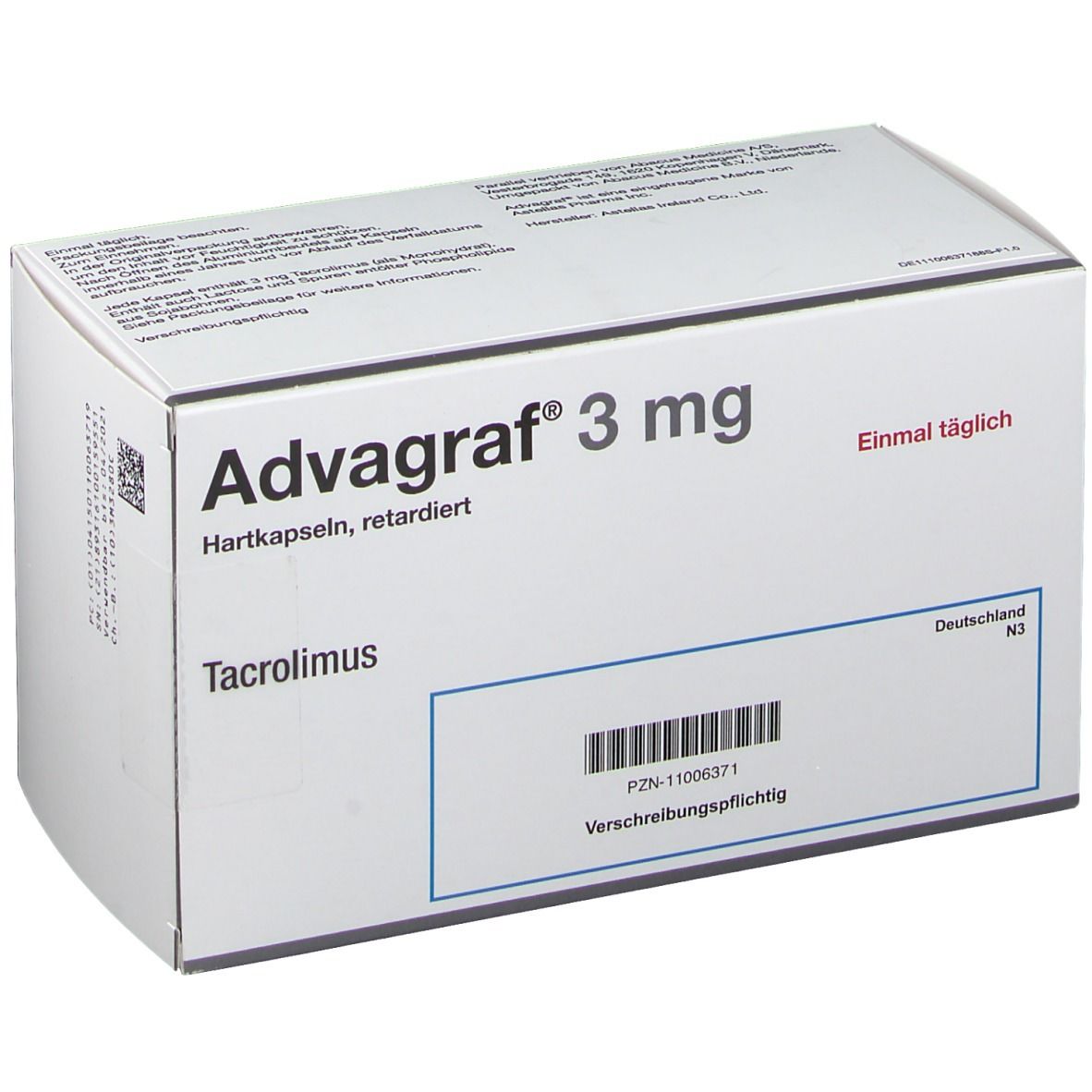 Weiße Schachtel ADVAGRAF 3 mg, 100 Hartkapseln. Text: Tacrolimus, Einmal täglich. Barcode und PZN-Nummer. Deutschland.