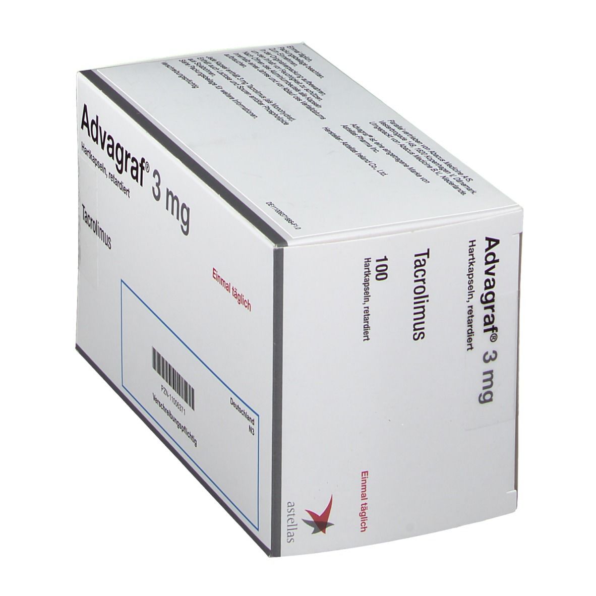 Schachtel ADVAGRAF 3 mg, 100 Hartkapseln. Text: Tacrolimus, Einmal täglich. Astellas-Logo. Schräge Ansicht.