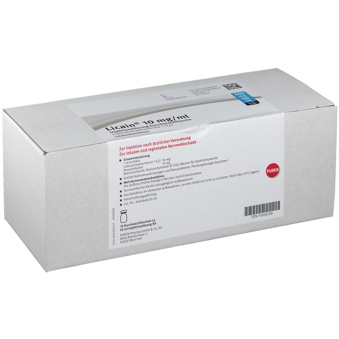 Weißer Karton mit Produktinformationen. Beschriftung: Licain® 10 mg/ml. PUREN-Logo. Text in deutscher Sprache.