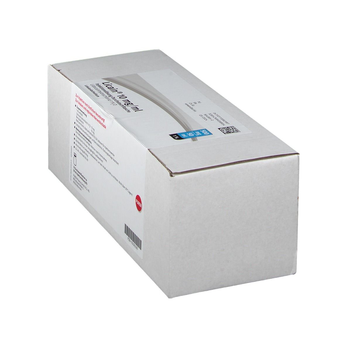 Weißer Karton, schräg von der Seite gesehen. Beschriftung: Licain® 10 mg/ml. PUREN-Logo. Text in deutscher Sprache.