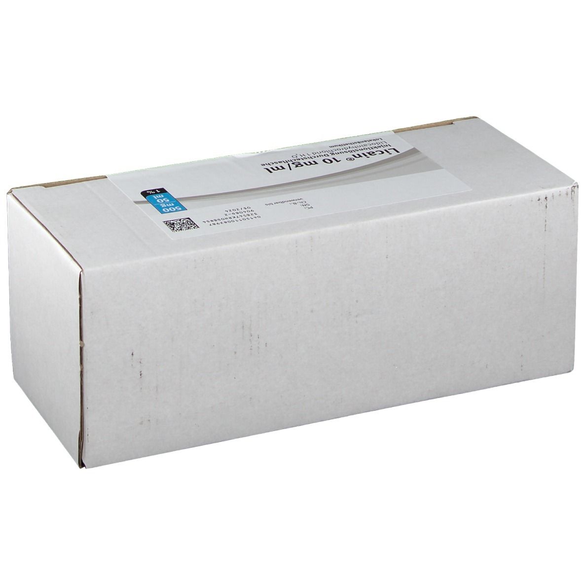 Weißer Karton mit Produktinformationen. Beschriftung: Licain® 10 mg/ml. Text in deutscher Sprache.