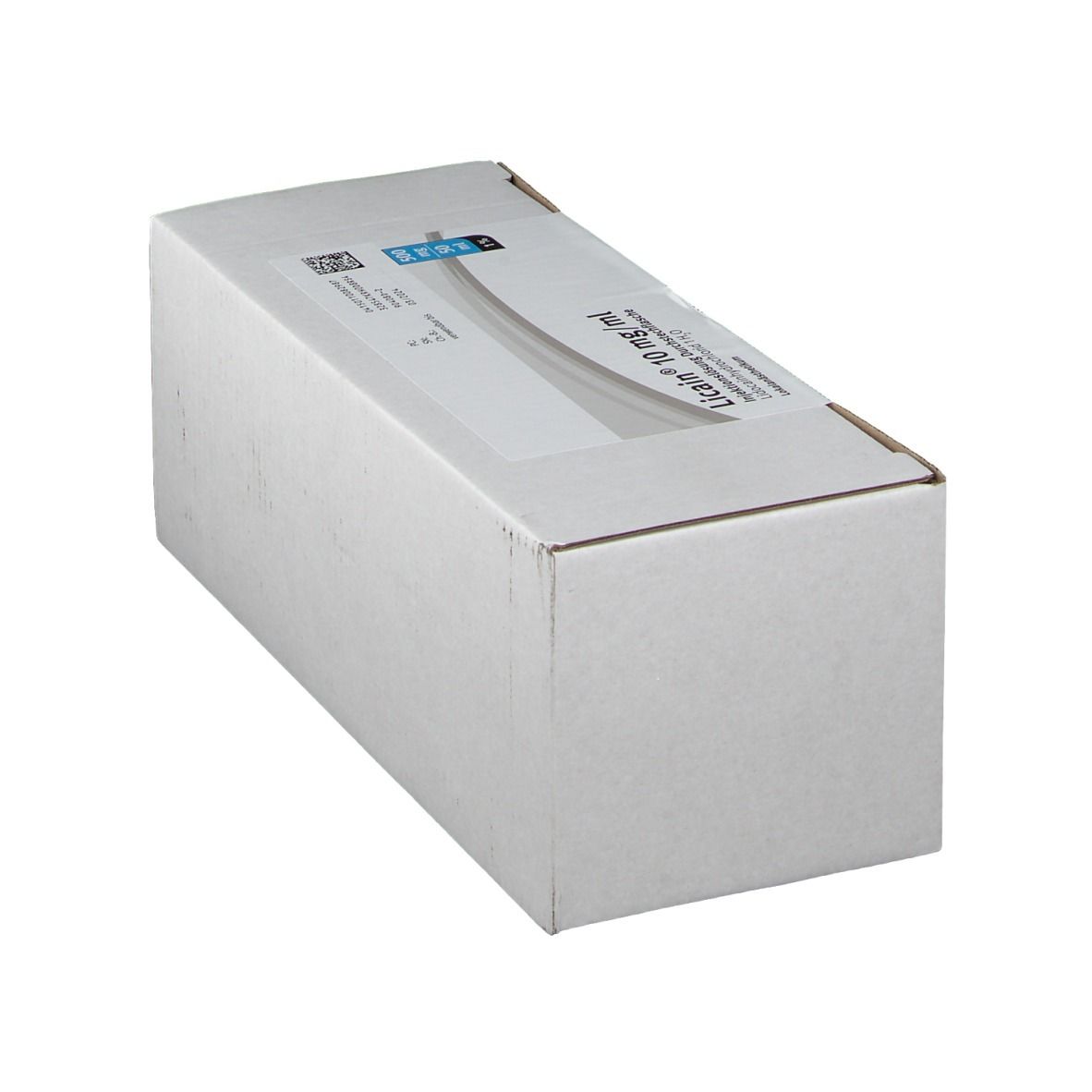 Weißer Karton, schräg von der Seite gesehen. Beschriftung: Licain® 10 mg/ml. Text in deutscher Sprache.