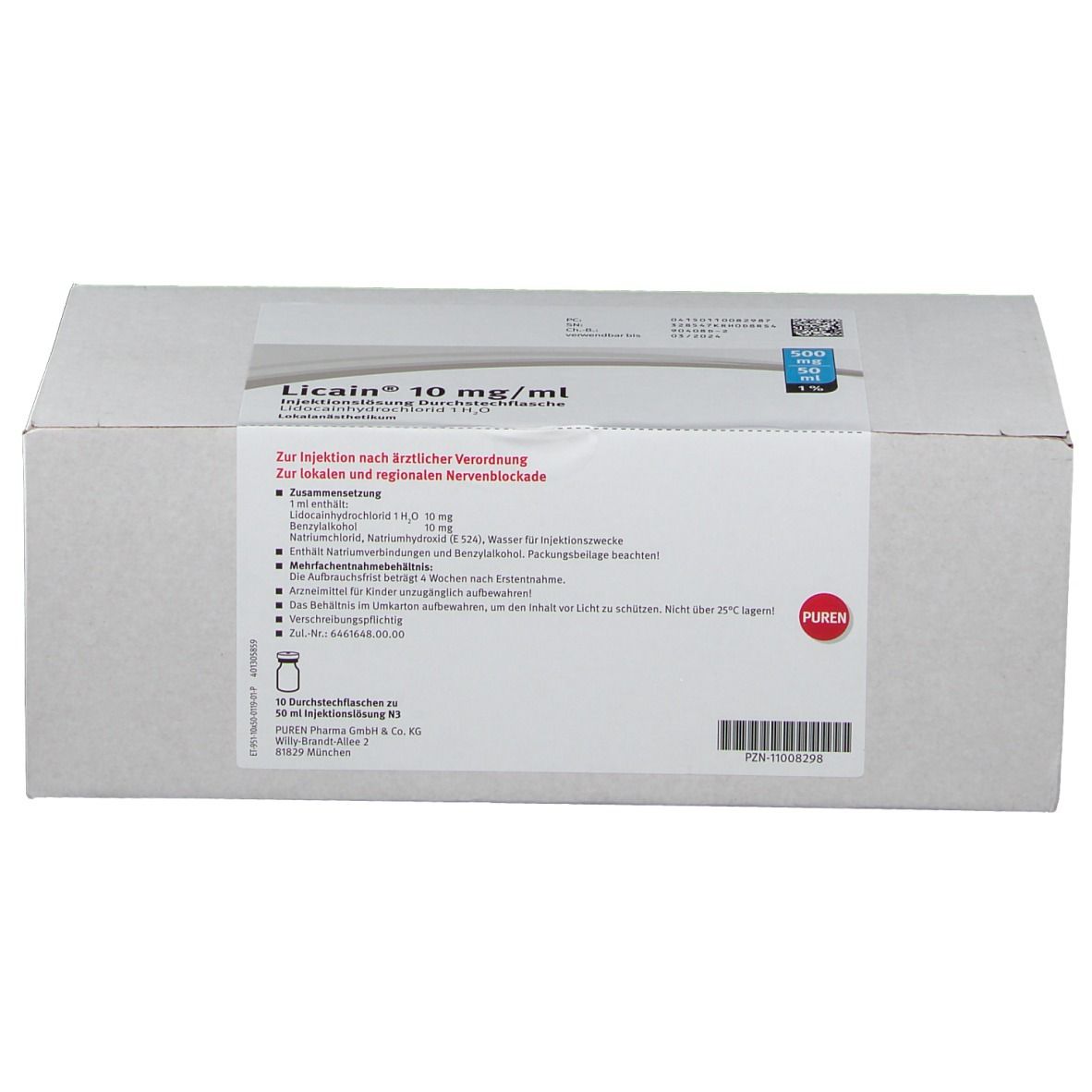 Weißer Karton mit Produktinformationen. Beschriftung: Licain® 10 mg/ml. PUREN-Logo. Text in deutscher Sprache.
