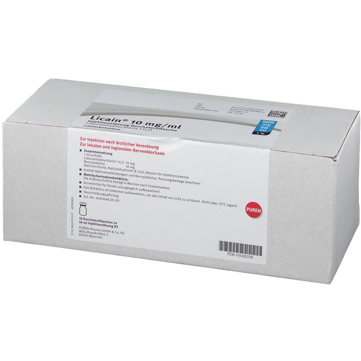 Weißer Karton mit Produktinformationen. Beschriftung: Licain® 10 mg/ml. PUREN-Logo. Text in deutscher Sprache.