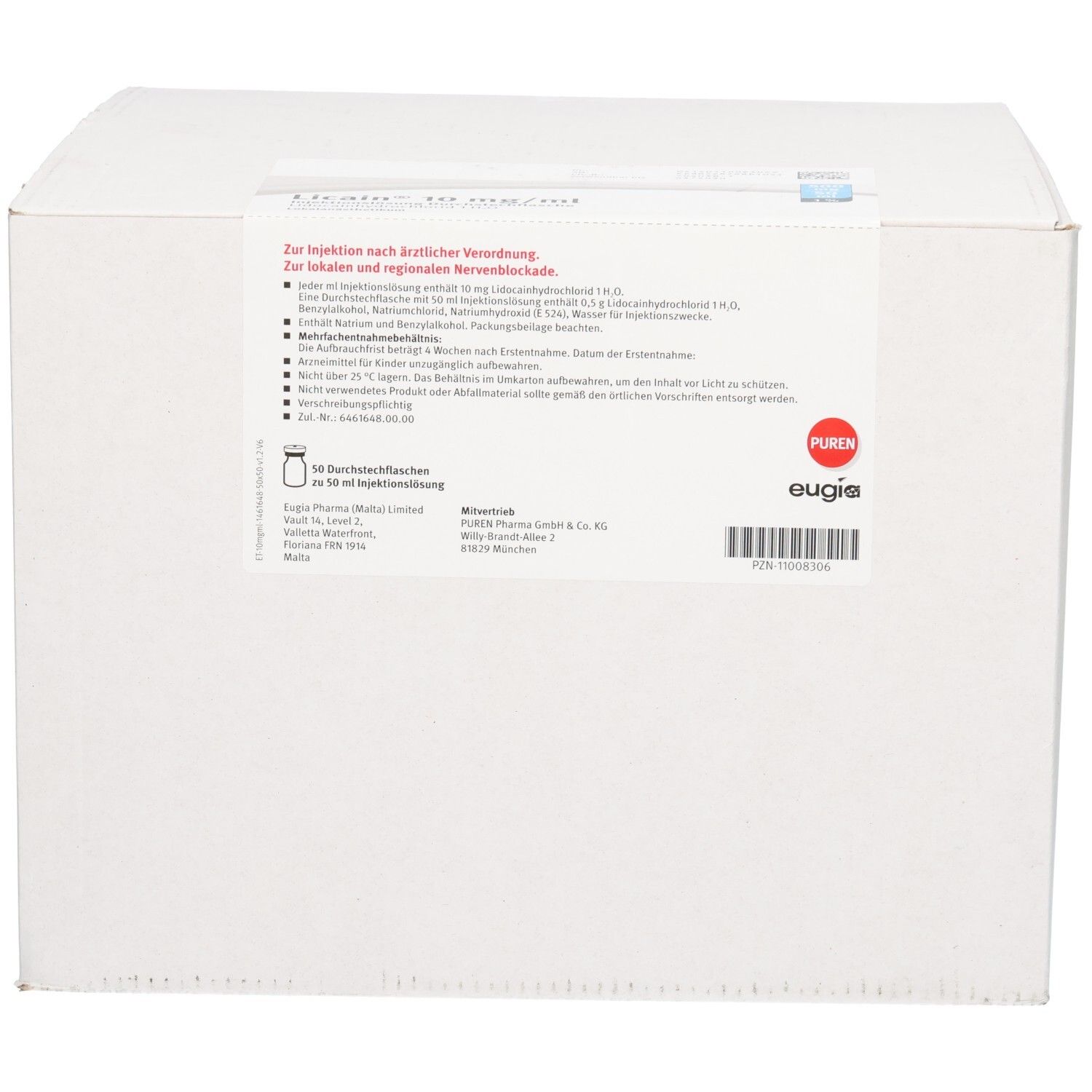 Kartonverpackung mit 50 Durchstechflaschen zu je 10 ml Injektionslösung. Enthält Lidocainhydrochlorid.