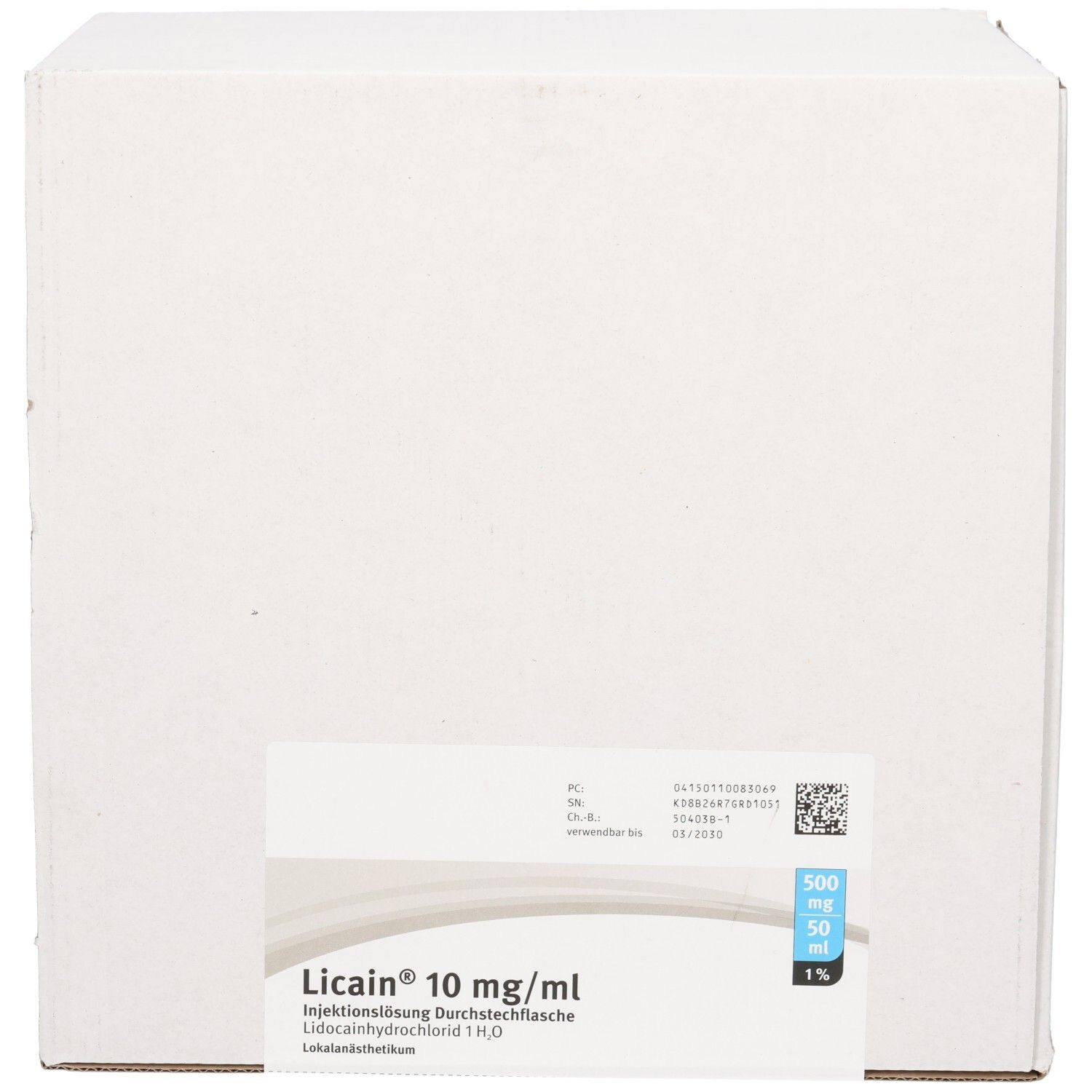 Kartonverpackung mit Licain® 10 mg/ml Injektionslösung. 50 ml, 1%.