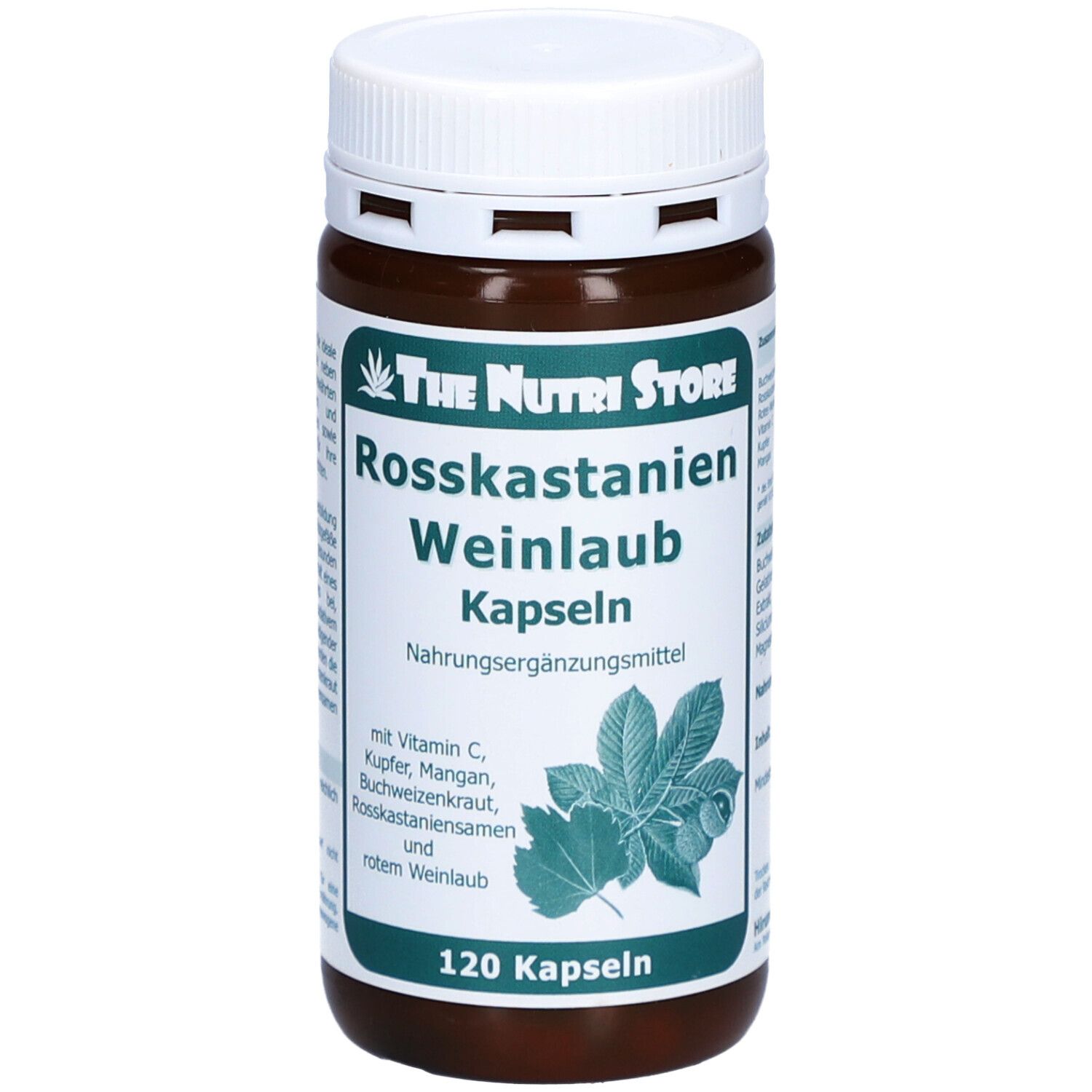 Braune Flasche mit weißem Deckel. Aufschrift: Rosskastanien Weinlaub Kapseln. 120 Kapseln. Marke: The Nutri Store.