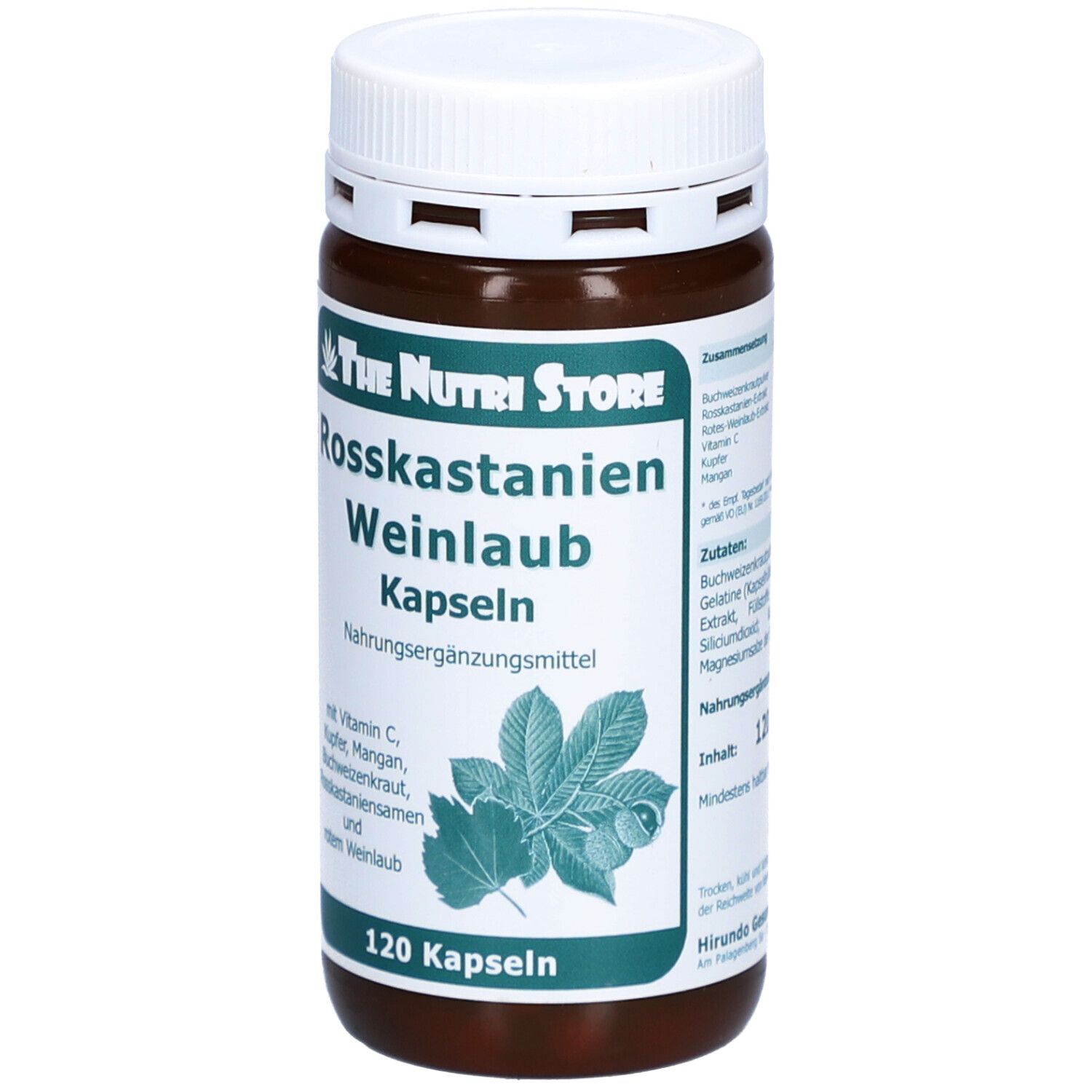 Braune Flasche mit weißem Deckel. Aufschrift: Rosskastanien Weinlaub Kapseln. 120 Kapseln. Marke: The Nutri Store.