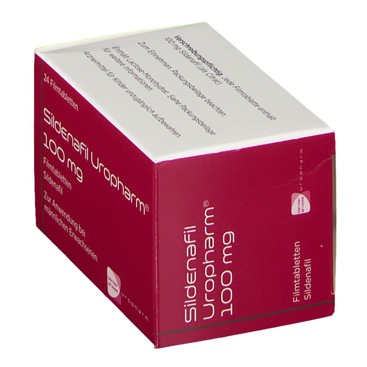 Schachtel Sildenafil Uropharm 100 mg. Rote und weiße Verpackung, Produktname und Dosierung deutlich sichtbar.