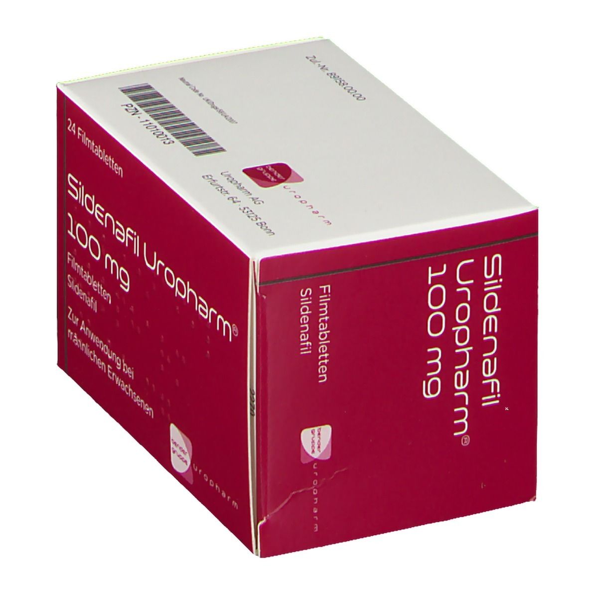 Sildenafil Uropharm 100 mg Verpackung. Rote und weiße Schachtel mit Produktnamen und Dosierung.