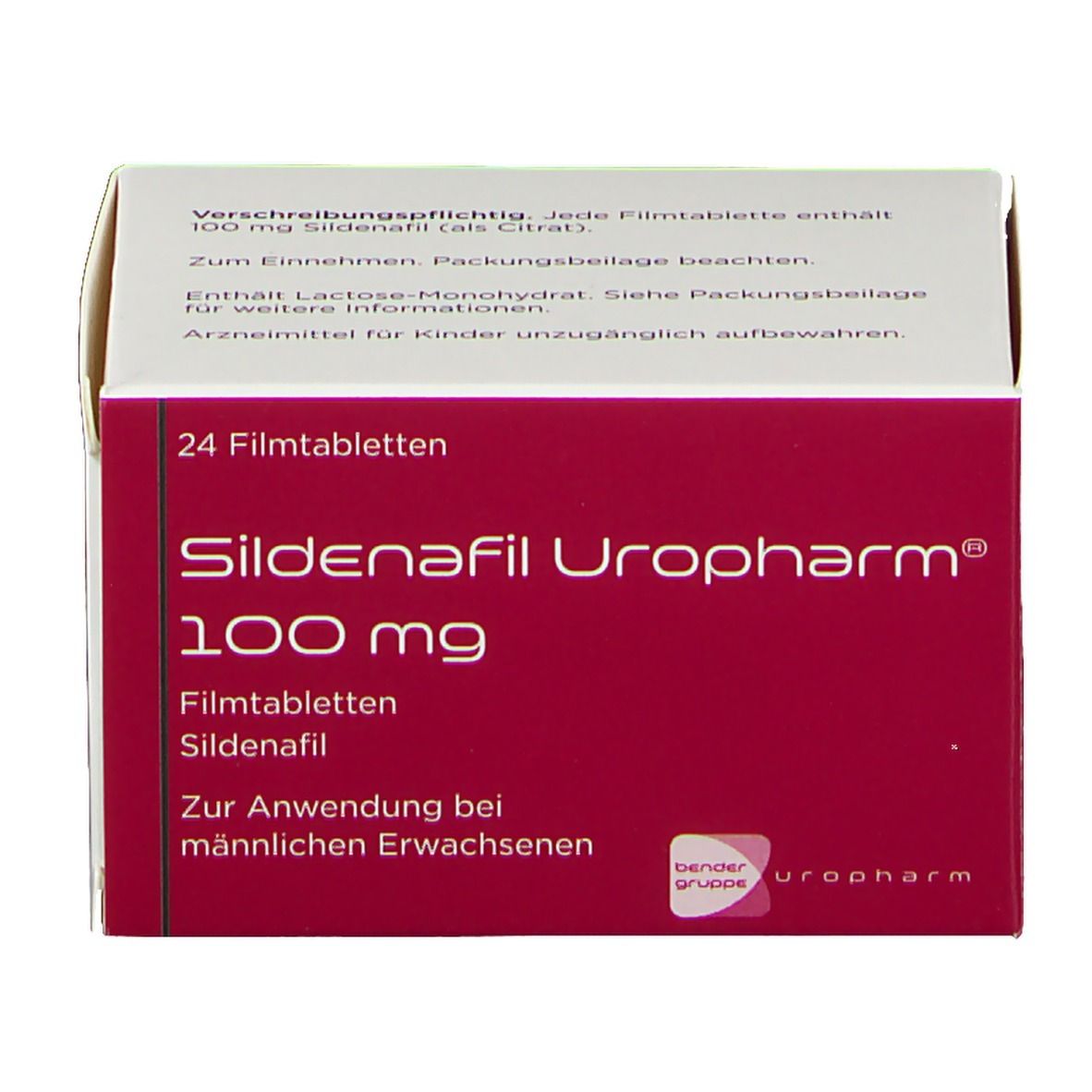 Schachtel mit Sildenafil Uropharm 100 mg Filmtabletten. Rote und weiße Verpackung mit Produktinformationen.