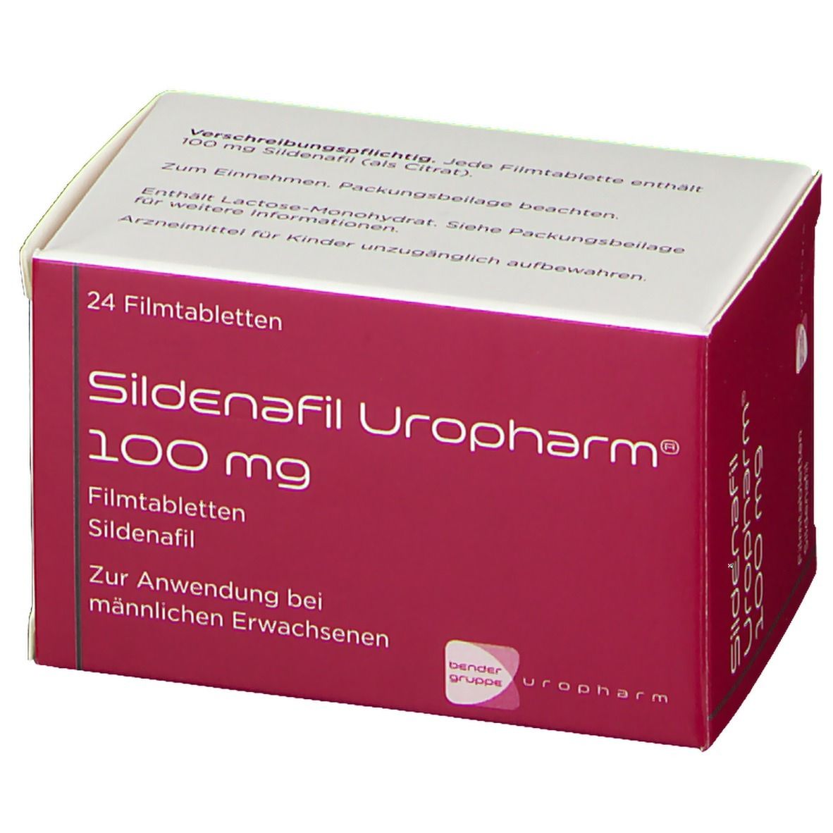 Sildenafil Uropharm 100 mg Verpackung. Rote und weiße Schachtel mit Produktinformationen und Dosierung.