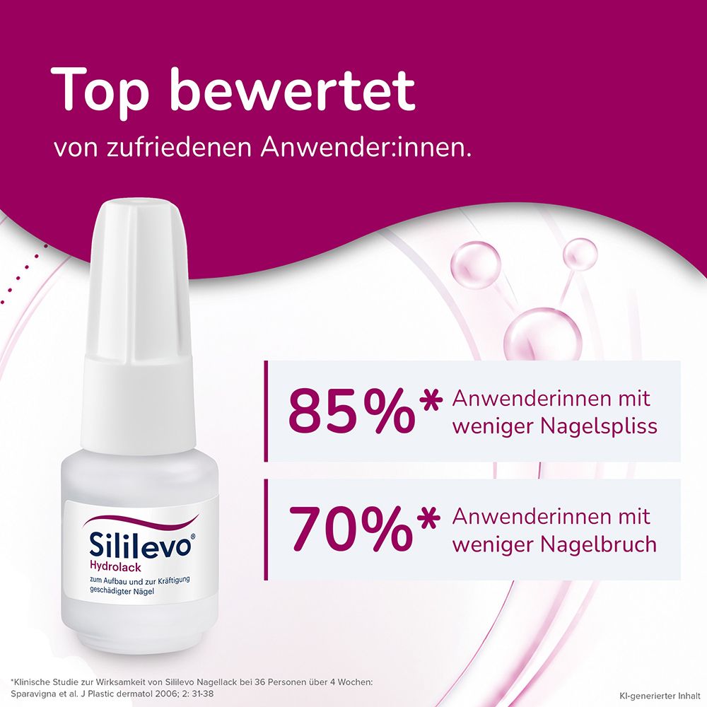 Sililevo Hydrolack Nagellackflasche mit Anwendungshinweisen und positiven Bewertungen.