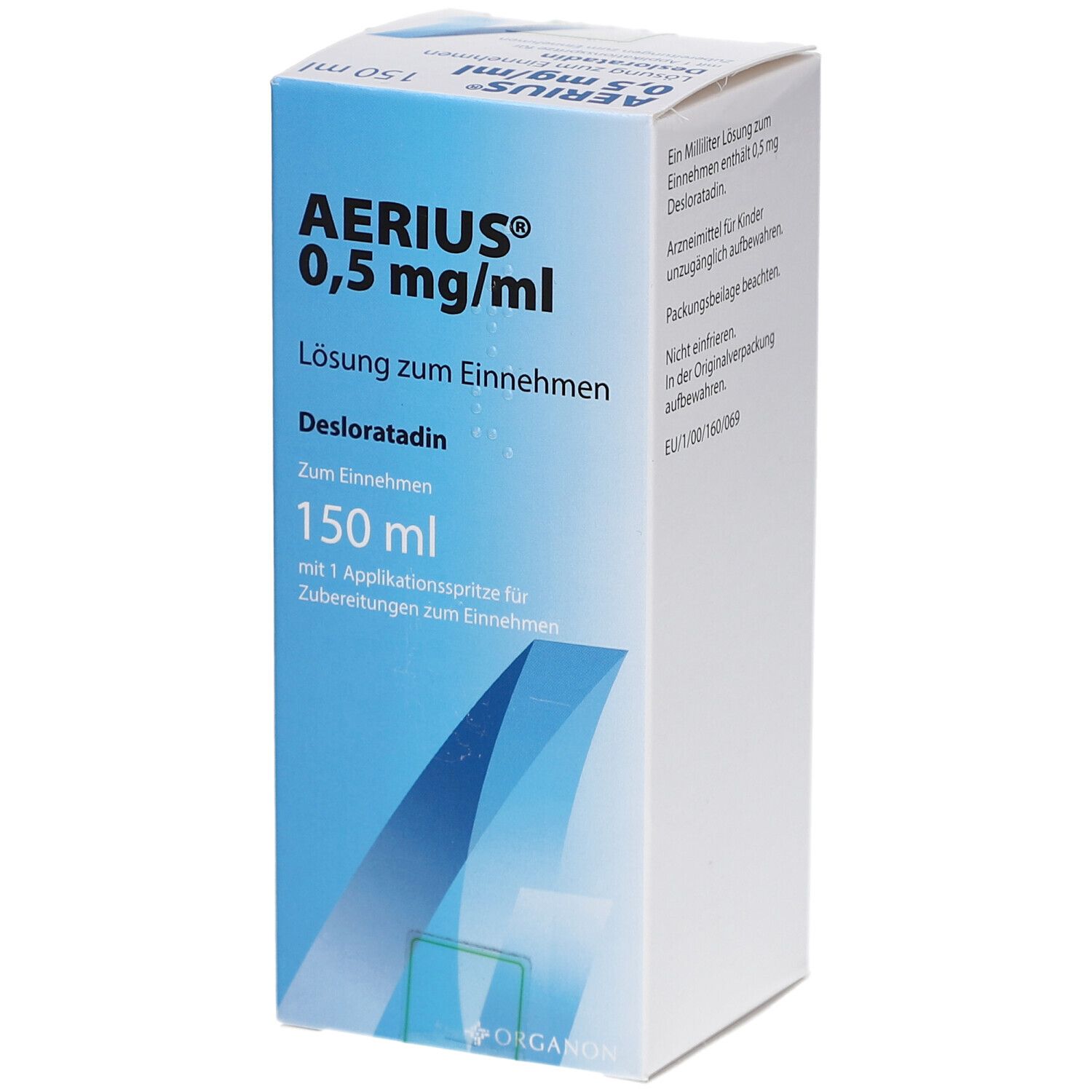 Karton AERIUS® 0,5 mg/ml Lösung zum Einnehmen. Enthält Desloratadin. 150 ml mit Applikationsspritze. Weiße Verpackung mit blauen Akzenten.