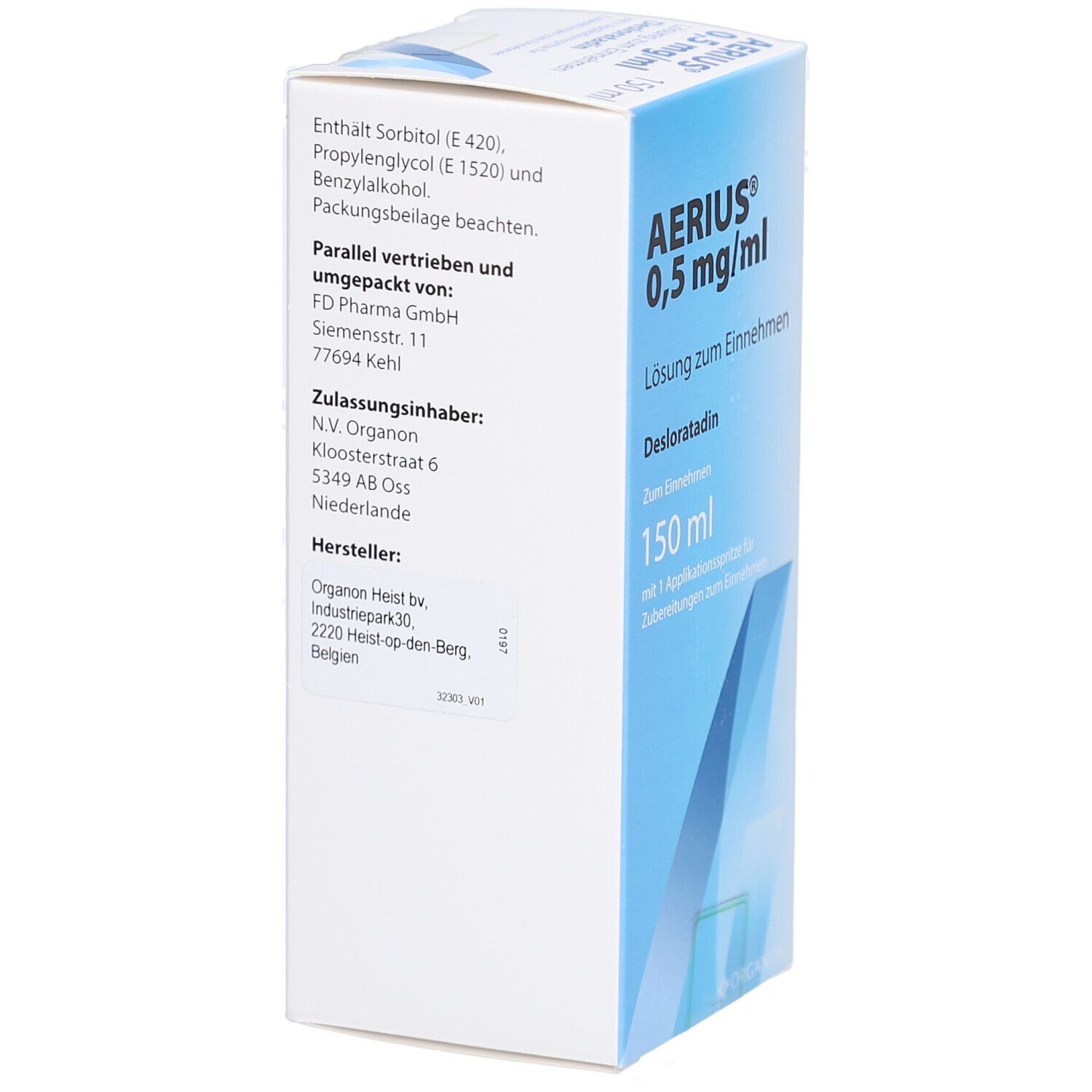Karton AERIUS® 0,5 mg/ml Lösung zum Einnehmen. Enthält Sorbitol, Propylenglycol und Benzylalkohol. Hersteller- und Zulassungsangaben.