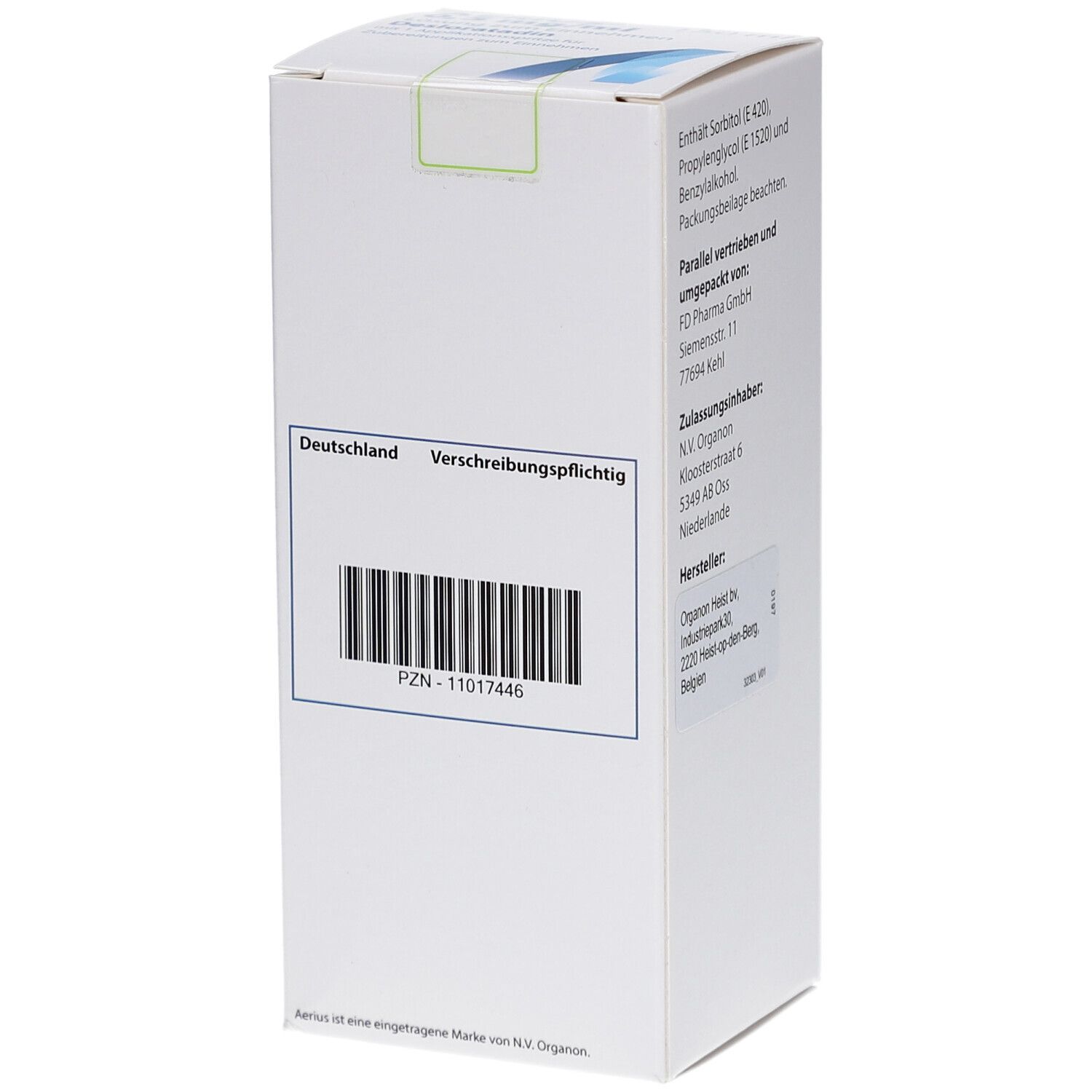 Rückseite der Verpackung von AERIUS® 0,5 mg/ml Lösung zum Einnehmen. Barcode und PZN-Nummer. Aufschrift: Verschreibungspflichtig.