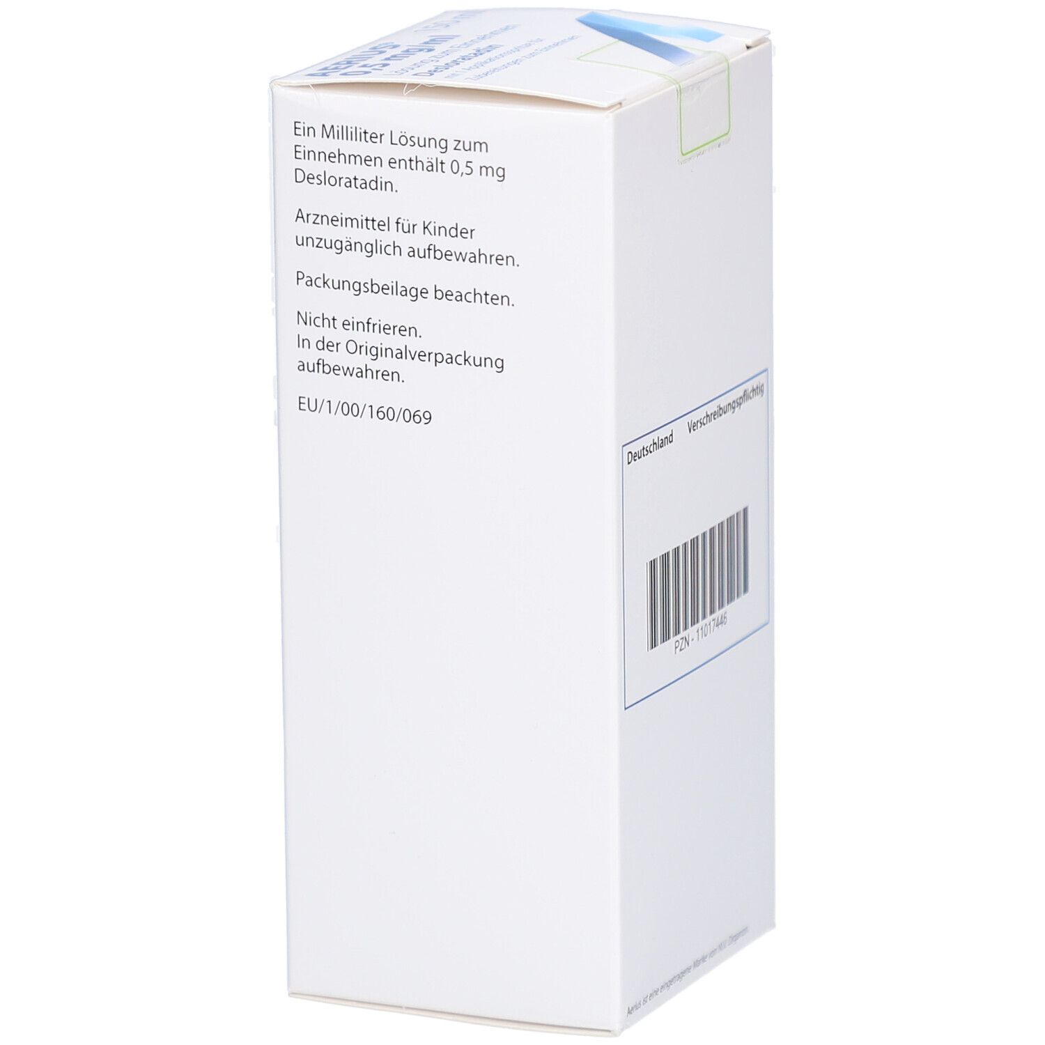 Seite der Verpackung von AERIUS® 0,5 mg/ml Lösung zum Einnehmen. Text: Arzneimittel für Kinder unzugänglich aufbewahren.