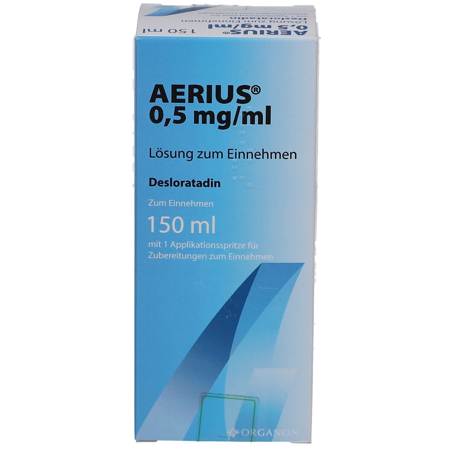 Karton AERIUS® 0,5 mg/ml Lösung zum Einnehmen. Enthält Desloratadin. 150 ml mit Applikationsspritze. Weiße Verpackung mit blauen Akzenten.
