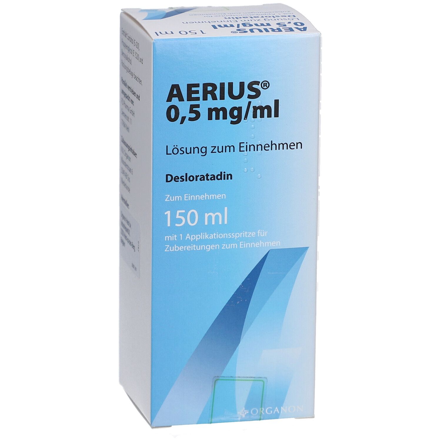 Karton AERIUS® 0,5 mg/ml Lösung zum Einnehmen. Enthält Desloratadin. 150 ml mit Applikationsspritze. Weiße Verpackung mit blauen Akzenten.
