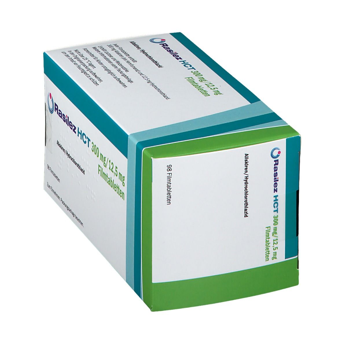Schräg gestellte Packung Rasilez HCT 300 mg/12,5 mg Filmtabletten. Aufschrift: Alliskiren/Hydrochlorothiazid. 98 Filmtabletten. Weiß, blau und grün.