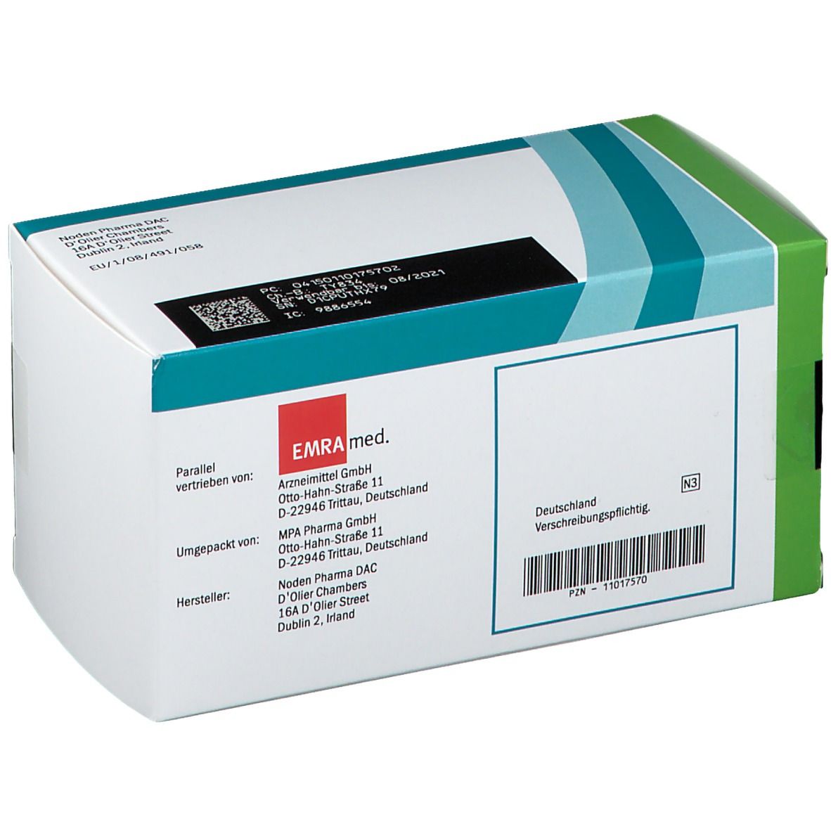 Rückseite der Packung Rasilez HCT 300 mg/12,5 mg Filmtabletten. Herstellerinformationen und Barcode. Weiß, grün.