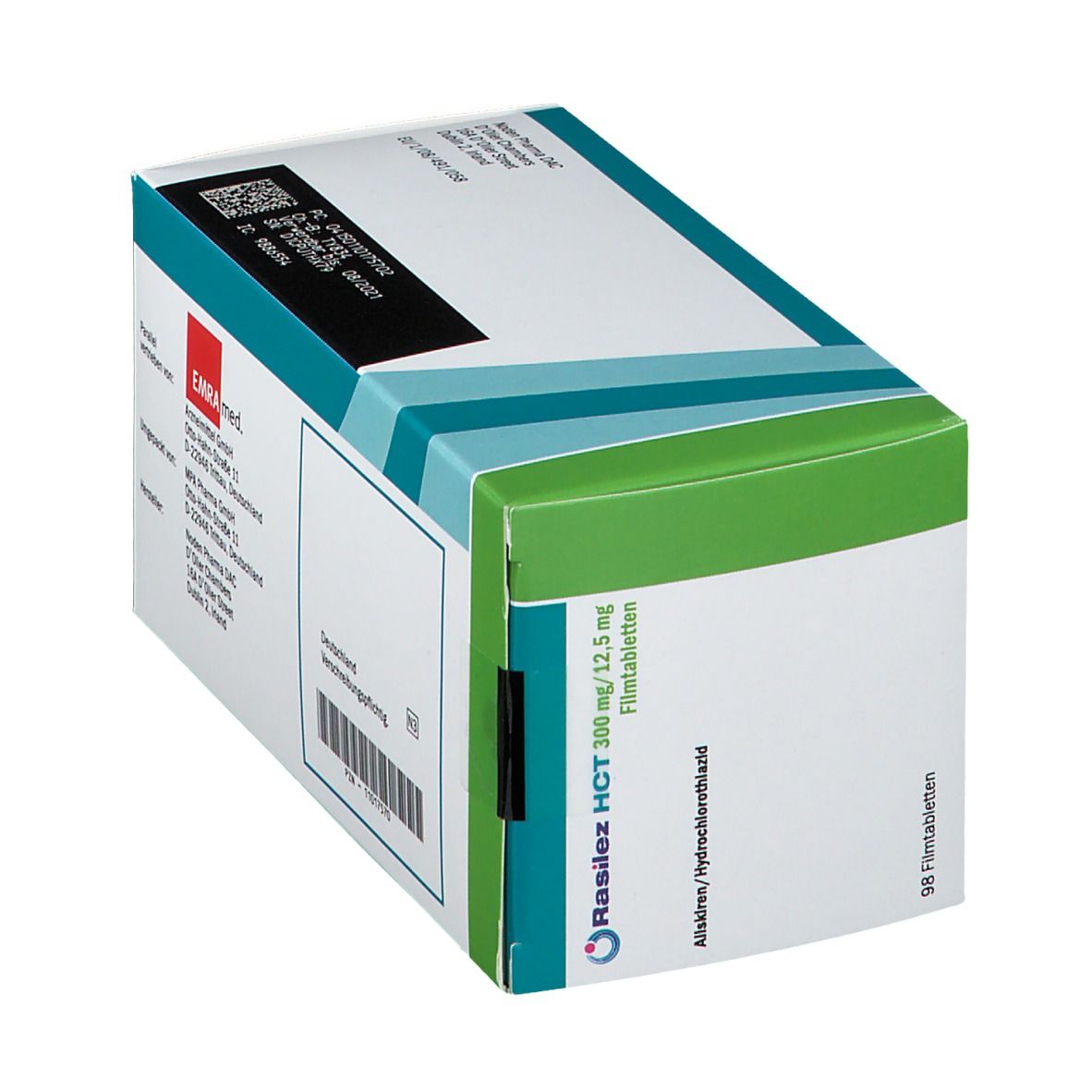 Schräg gestellte Packung Rasilez HCT 300 mg/12,5 mg Filmtabletten. Herstellerinformationen und Barcode. Weiß, grün.