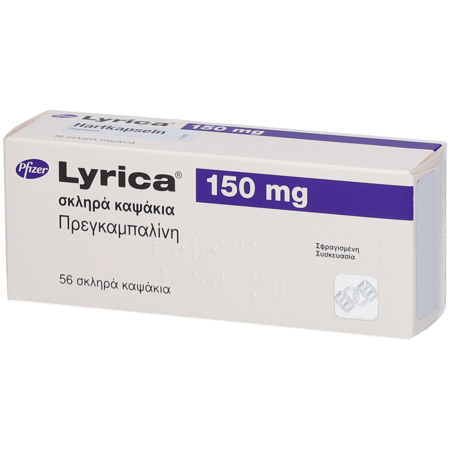 Schachtel Lyrica 150 mg. Weiß mit lila Akzenten. Pfizer-Logo. Griechischer Text. 56 Hartkapseln.