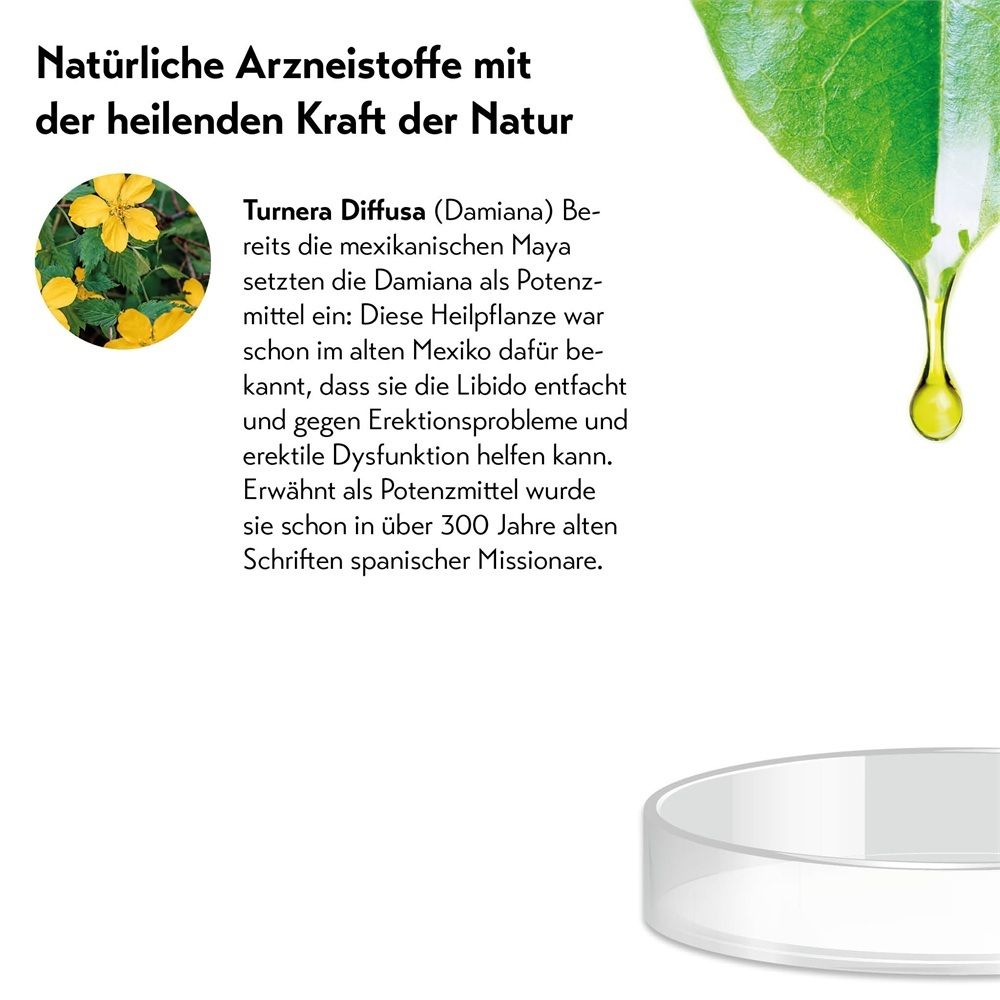 Turnera Diffusa Pflanze mit Tropfen und Text über ihre heilende Wirkung.