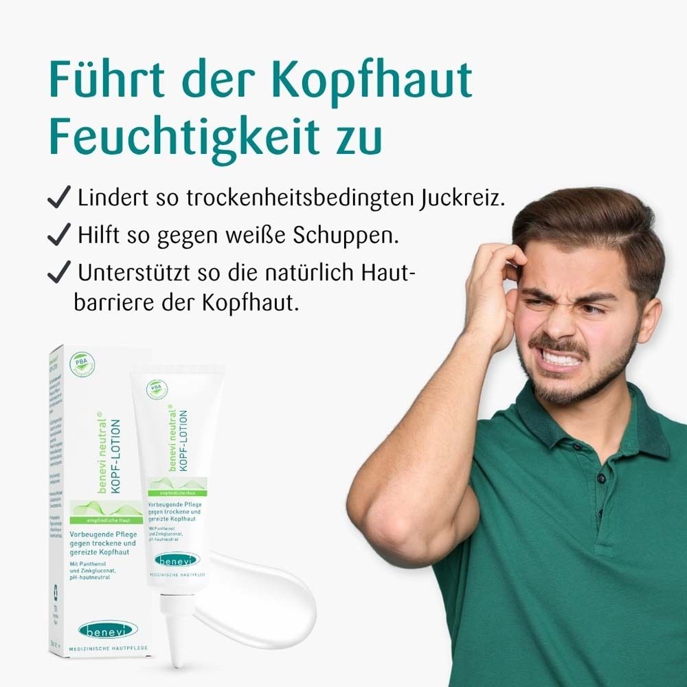 Mann mit Kopfschmerzen. Text: Führt der Kopfhaut Feuchtigkeit zu. Produkt und Verpackung von benevi neutral Kopf-Lotion.