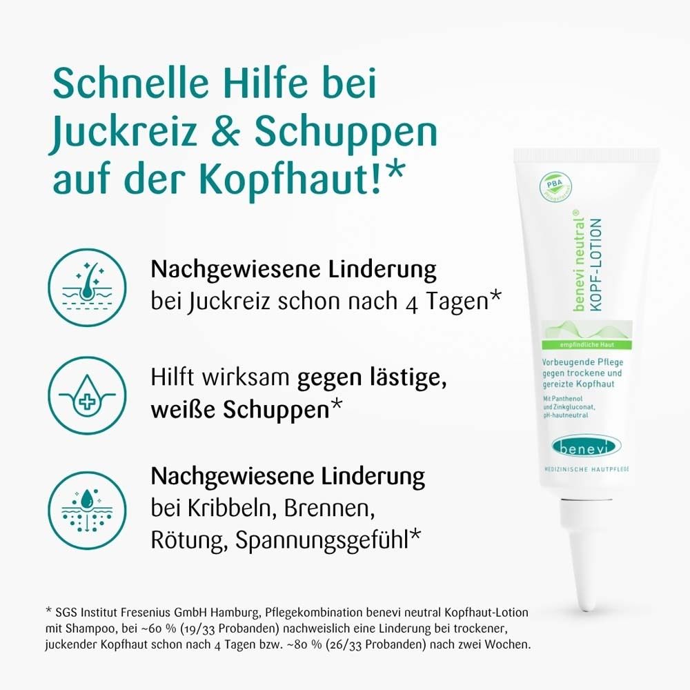 Text: Schnelle Hilfe bei Juckreiz & Schuppen. Produkt und Verpackung von benevi neutral Kopf-Lotion. Grafiken.