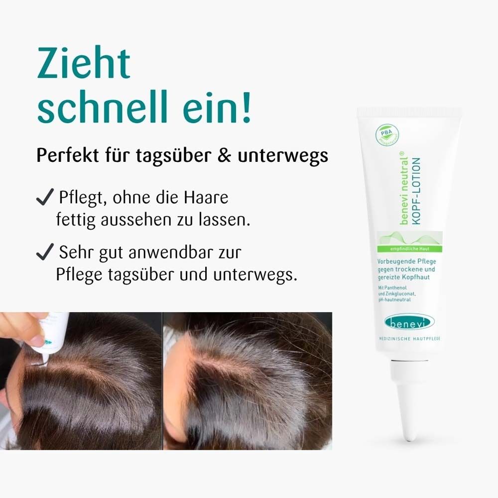 Text: Zieht schnell ein! Produkt und Verpackung von benevi neutral Kopf-Lotion. Anwendungshinweis.