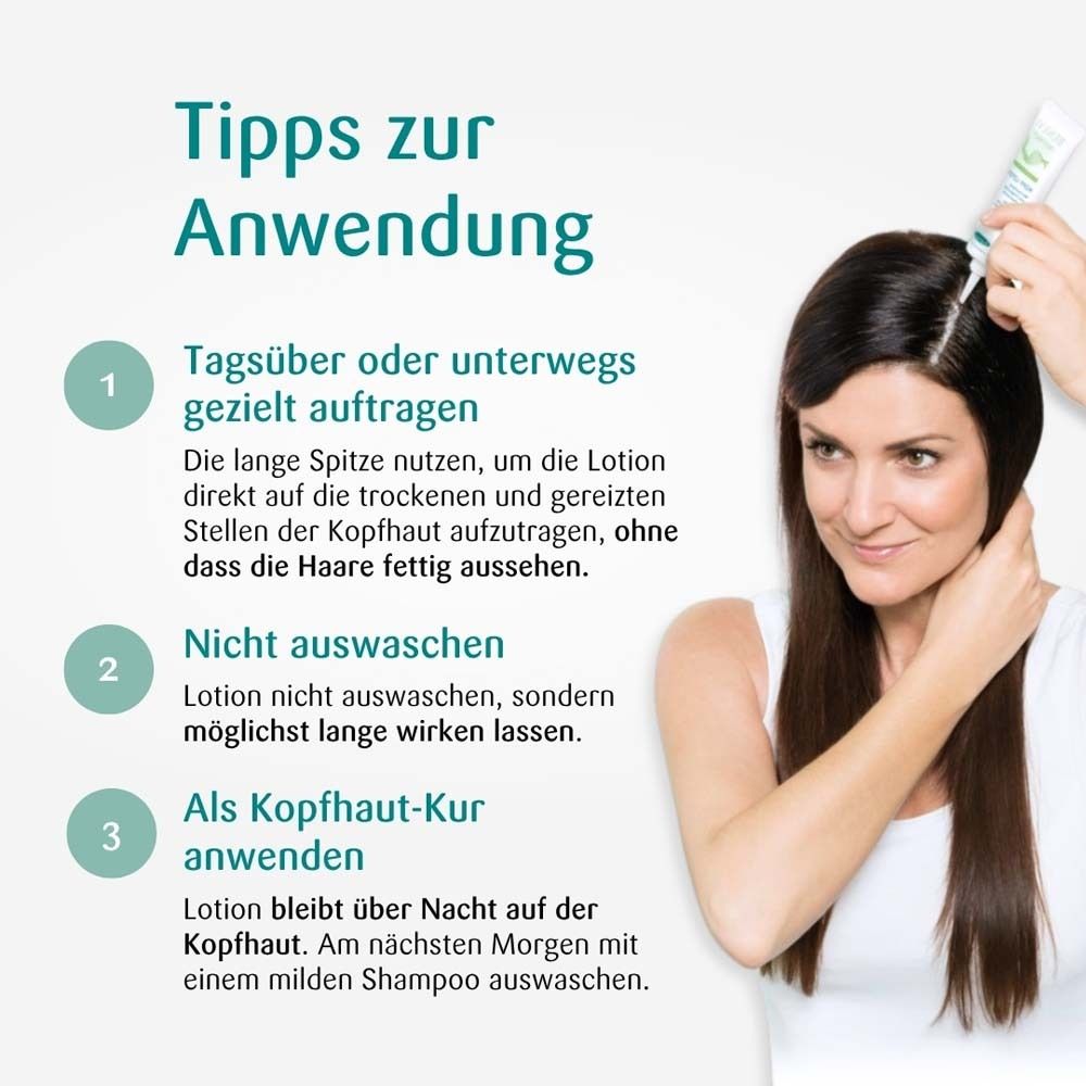 Frau trägt Lotion auf. Text: Tipps zur Anwendung. Produkt und Verpackung von benevi neutral Kopf-Lotion.