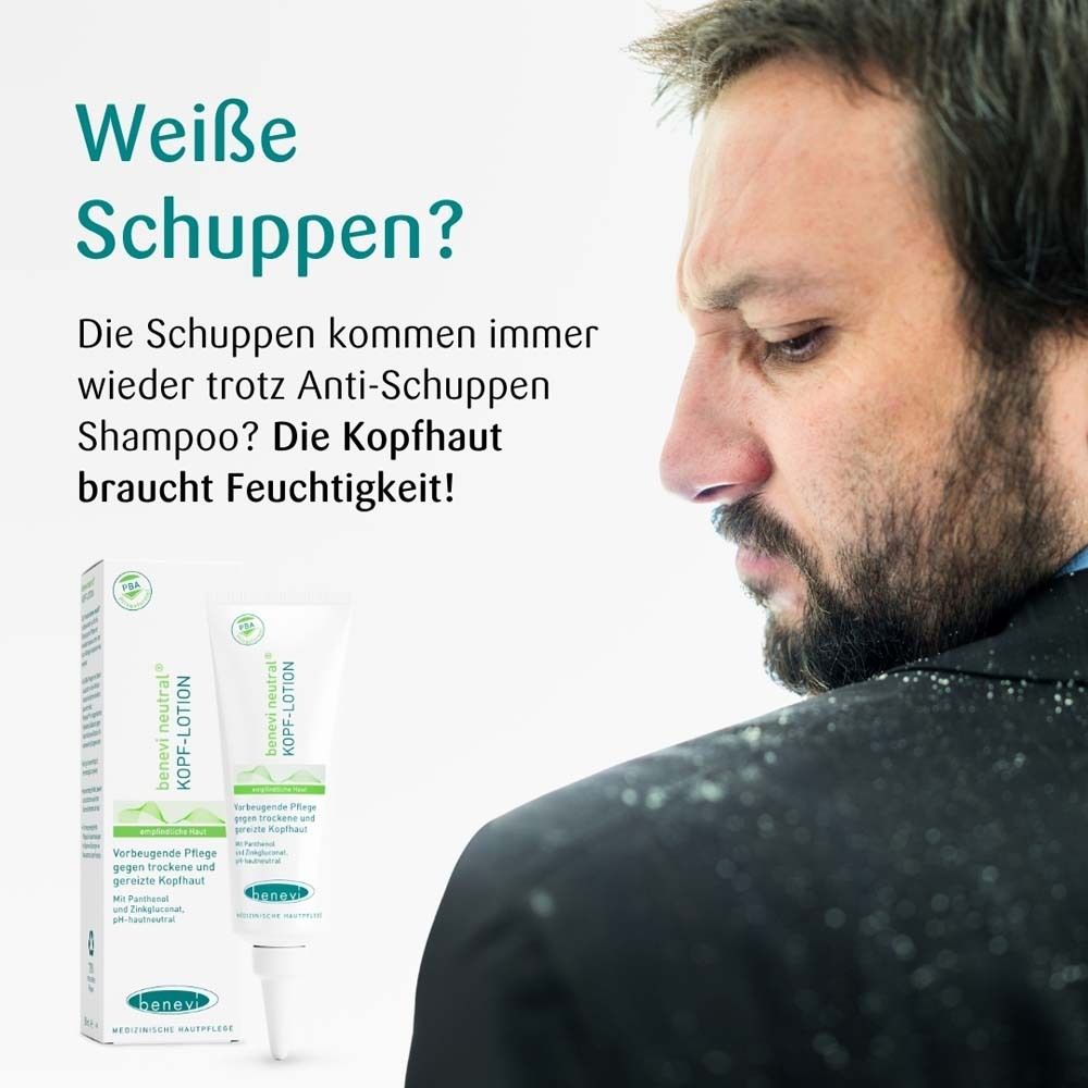 Mann mit Schuppen auf der Schulter. Text: Weiße Schuppen? Produkt und Verpackung von benevi neutral Kopf-Lotion.