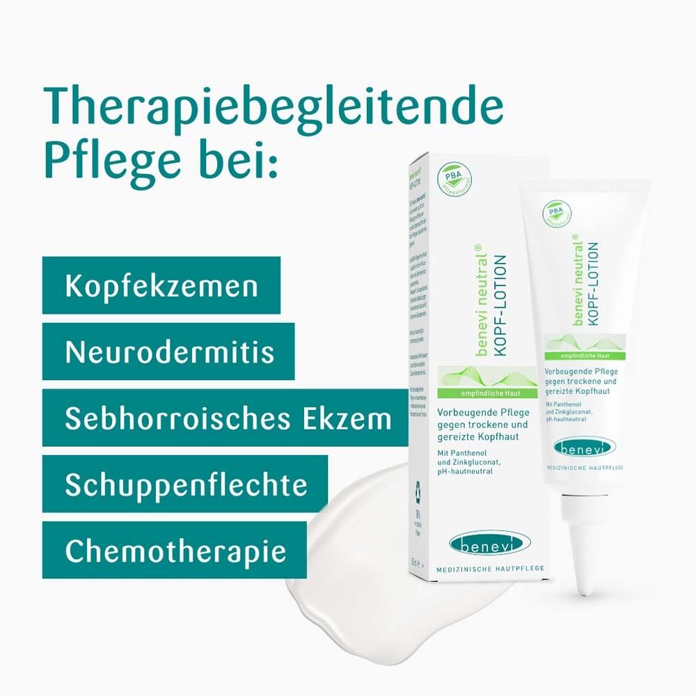 Text: Therapiebegleitende Pflege bei: Kopfekzemen, Neurodermitis, etc. Produkt und Verpackung von benevi neutral Kopf-Lotion.