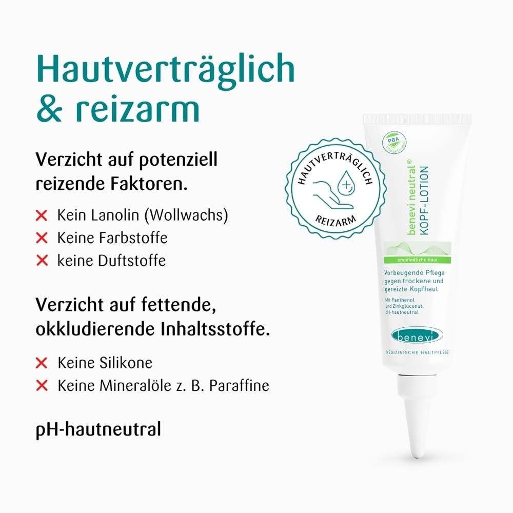 Text: Hautverträglich & reizarm. Produkt und Verpackung von benevi neutral Kopf-Lotion. Siegel: Hautverträglich & reizarm.