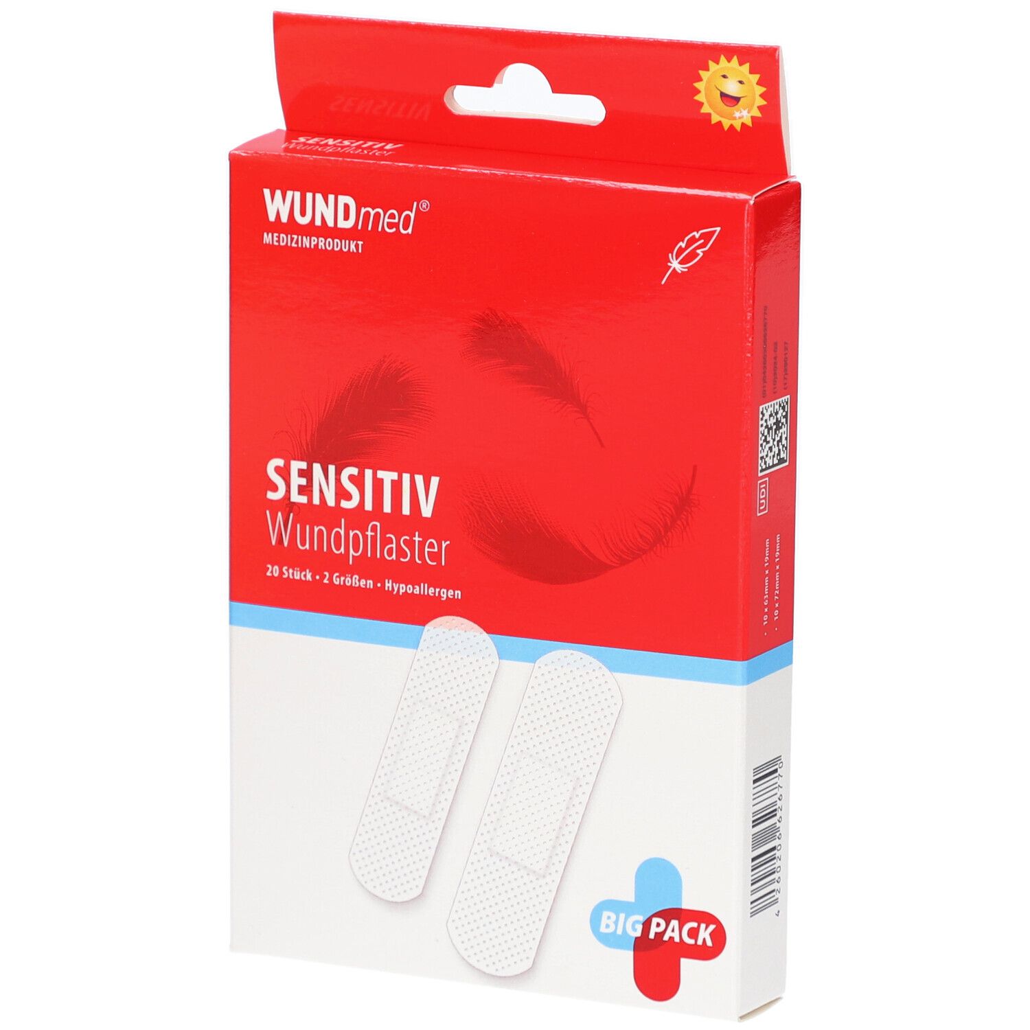 Verpackung von WUNDmed Sensitiv Wundpflaster. Rote Schachtel mit Produktnamen, Produktabbildung und der Aufschrift 'BIG PACK'.