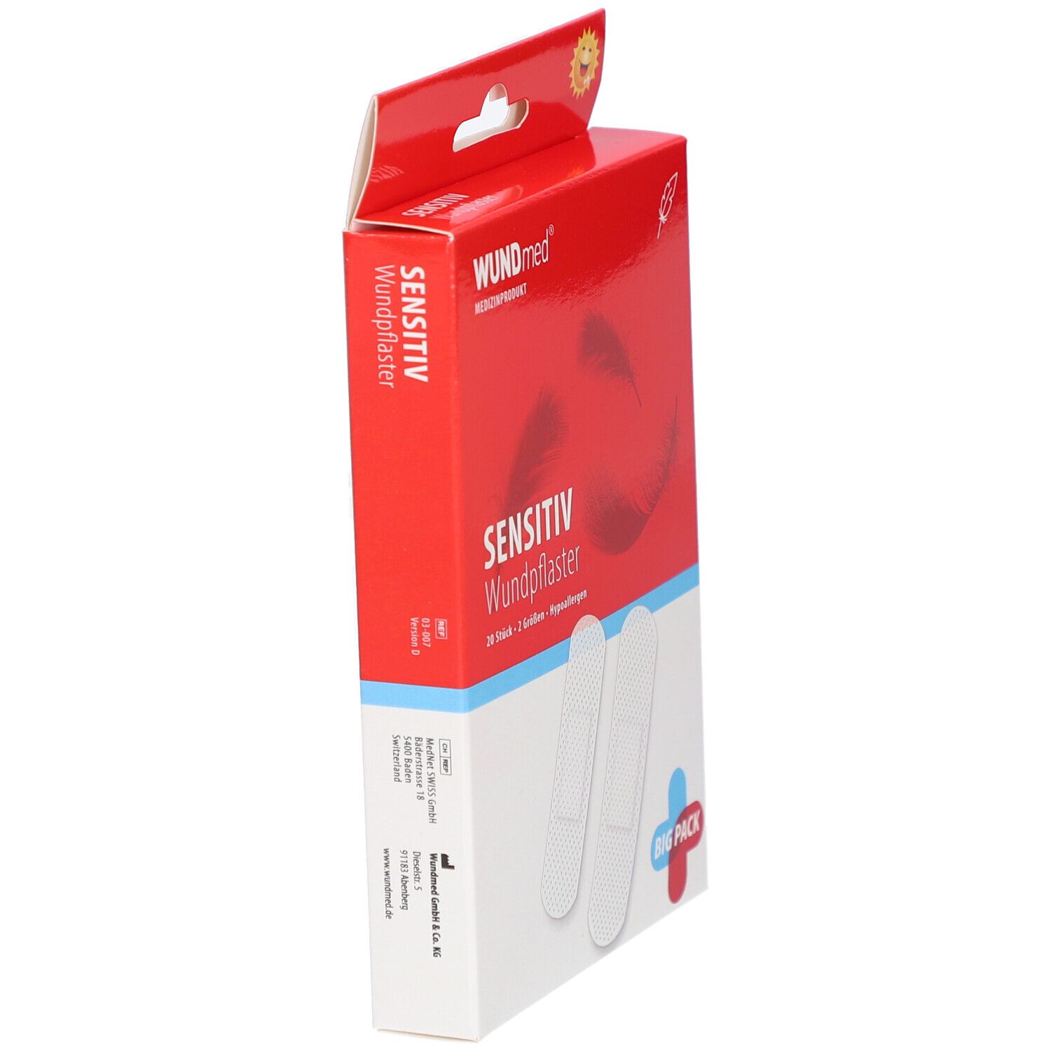 WUNDmed Sensitiv Wundpflaster Verpackung, seitliche Ansicht. Rote und weiße Schachtel mit Produktnamen und Produktabbildung.