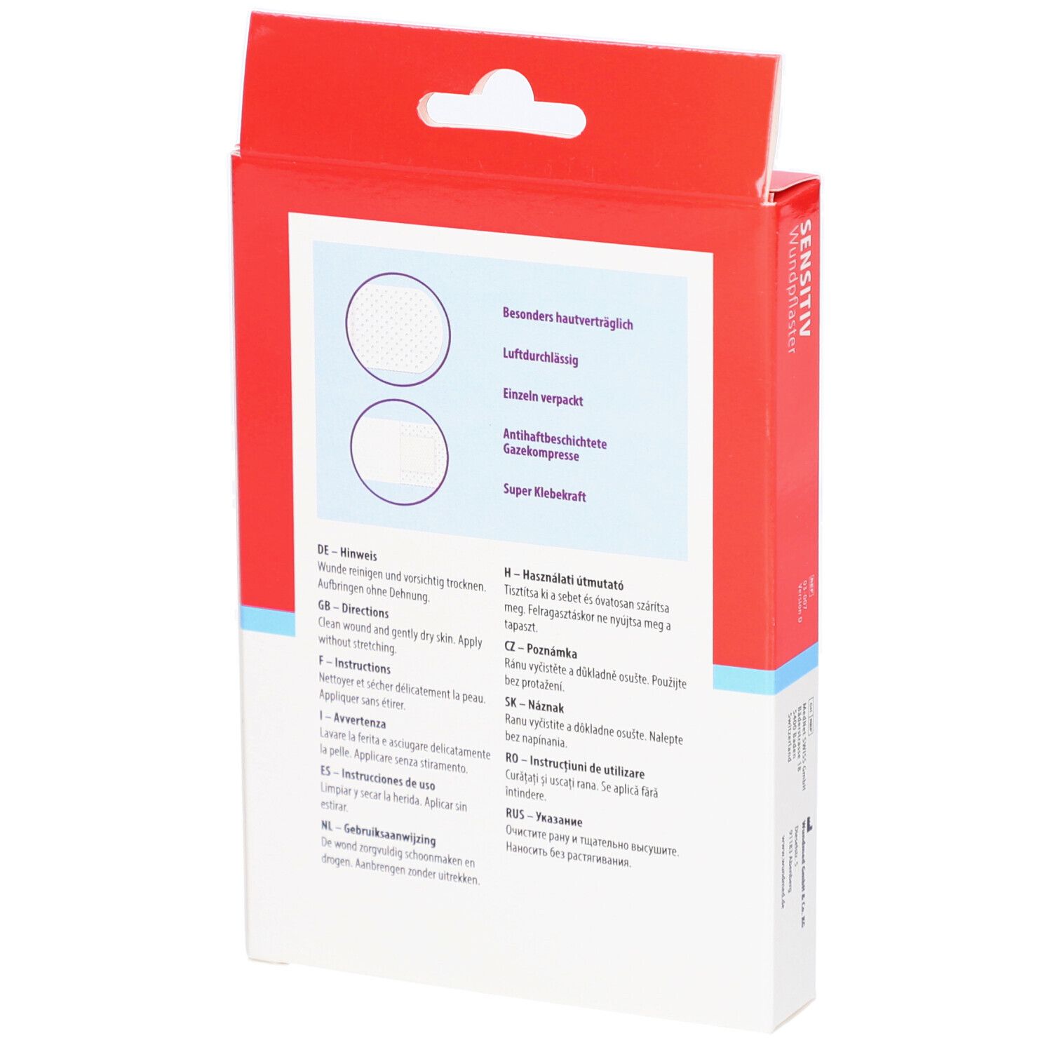 Rückseite der WUNDmed Sensitiv Wundpflaster Verpackung. Text in mehreren Sprachen, darunter Anweisungen und Produktmerkmale.
