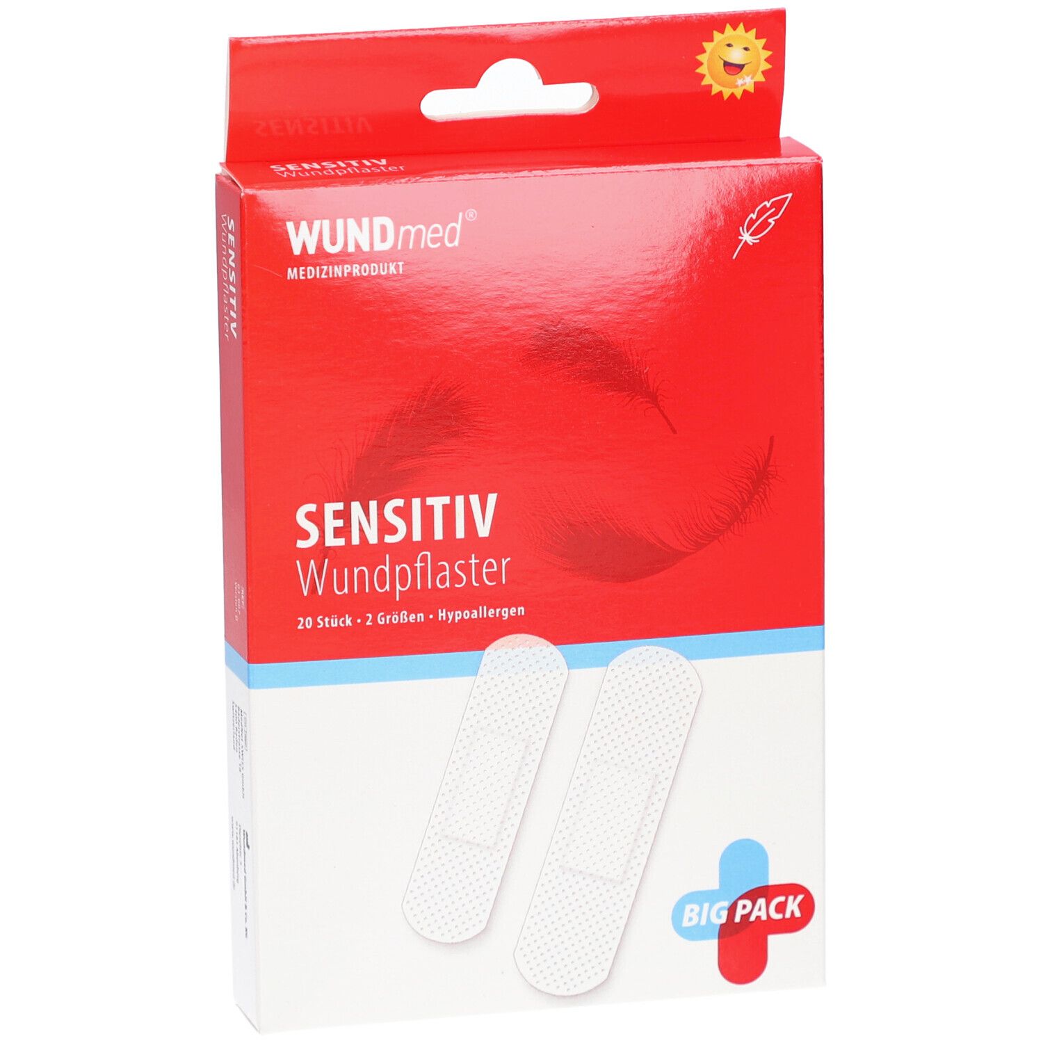 WUNDmed Sensitiv Wundpflaster Verpackung. Rote Schachtel mit Produktnamen, Produktabbildung und der Aufschrift 'BIG PACK'.