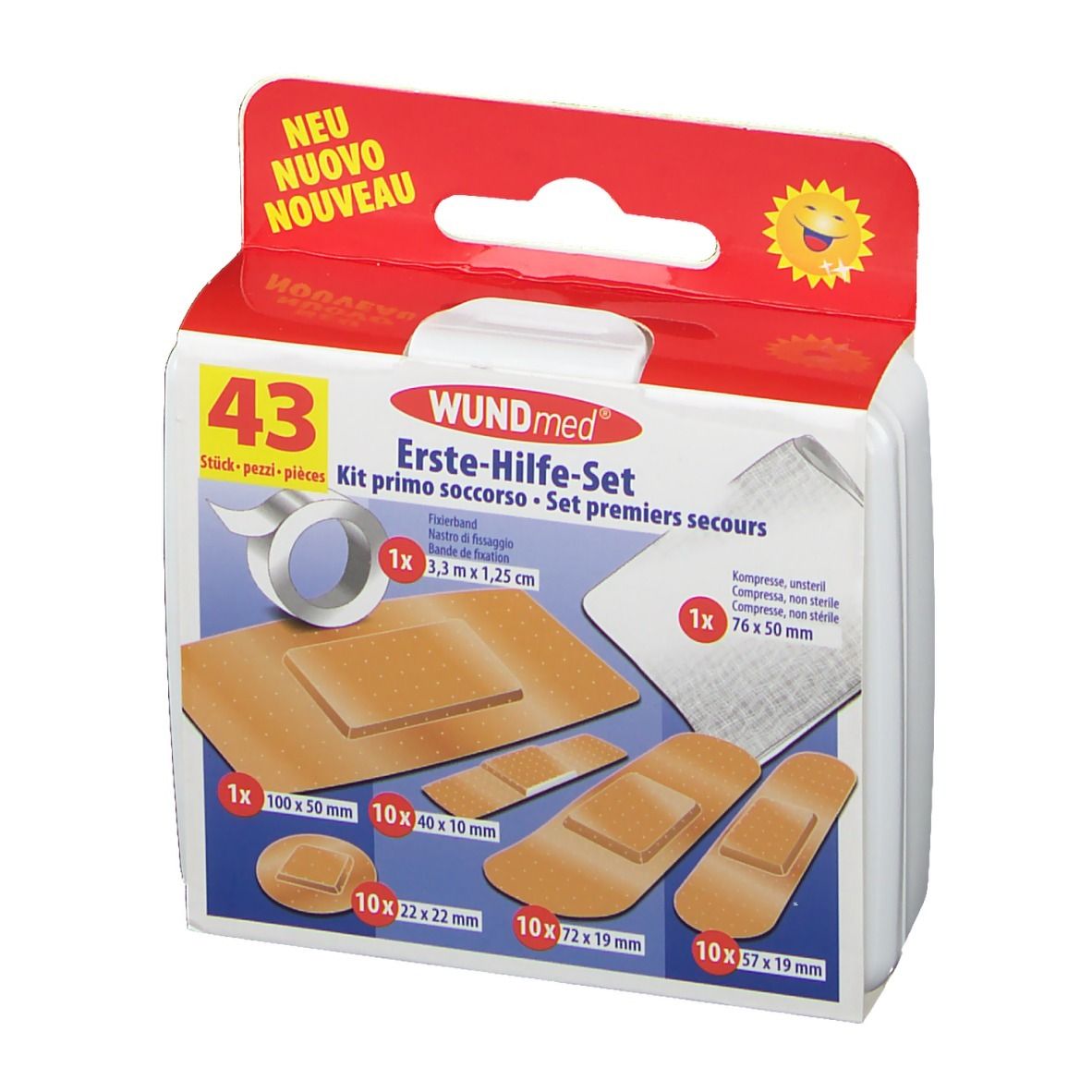 WUNDmed Erste-Hilfe-Set mit 43 Teilen. Enthält Pflaster, Kompressen und Verbandsmaterial. Verpackung mit Produktinformationen.