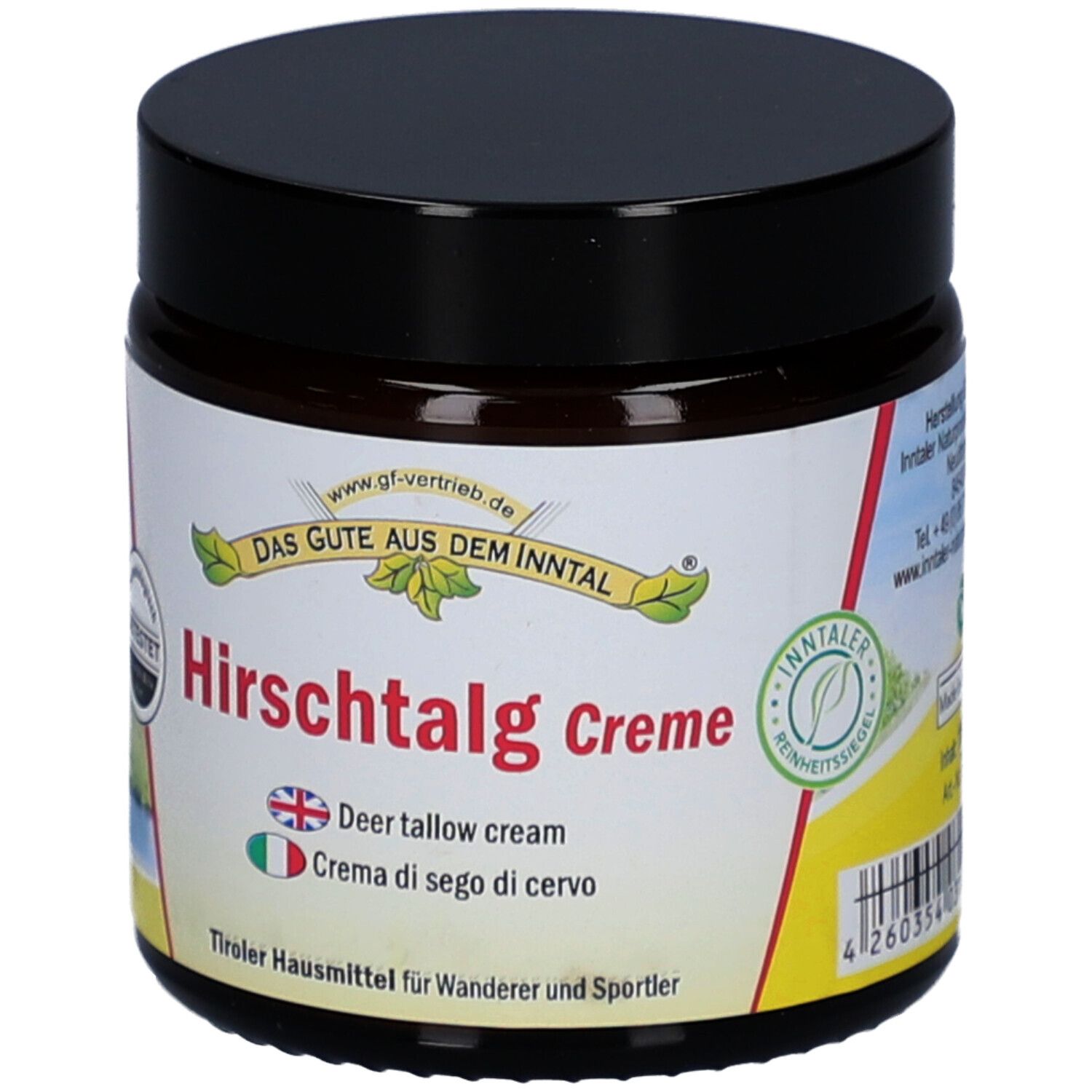 Braunes Tiegel mit schwarzem Deckel. Auf dem Etikett steht "Hirschtalg Creme" und "Deer tallow cream".