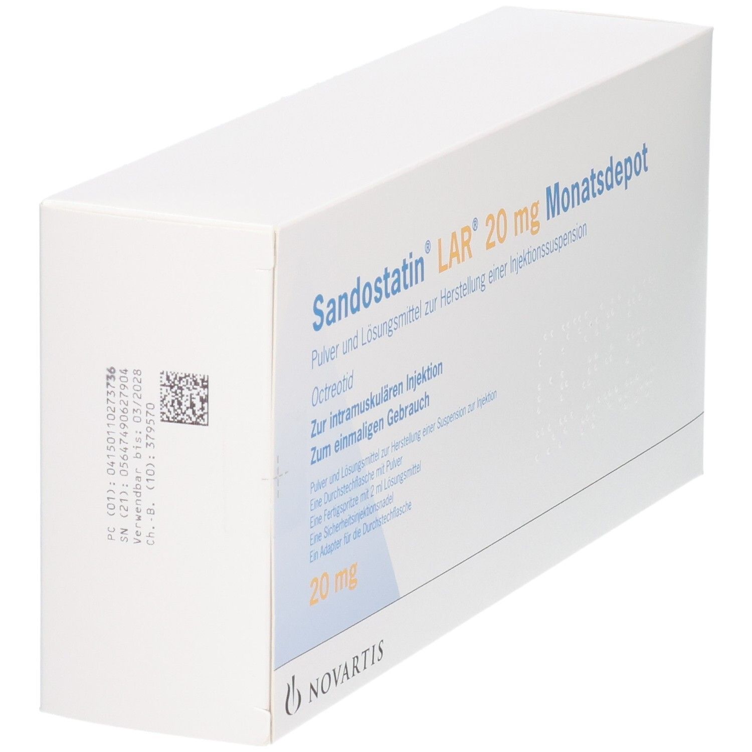 Verpackung für Sandostatin LAR 20 mg Monatsdepot, Pulver und Lösungsmittel zur Herstellung einer Injektionssuspension.