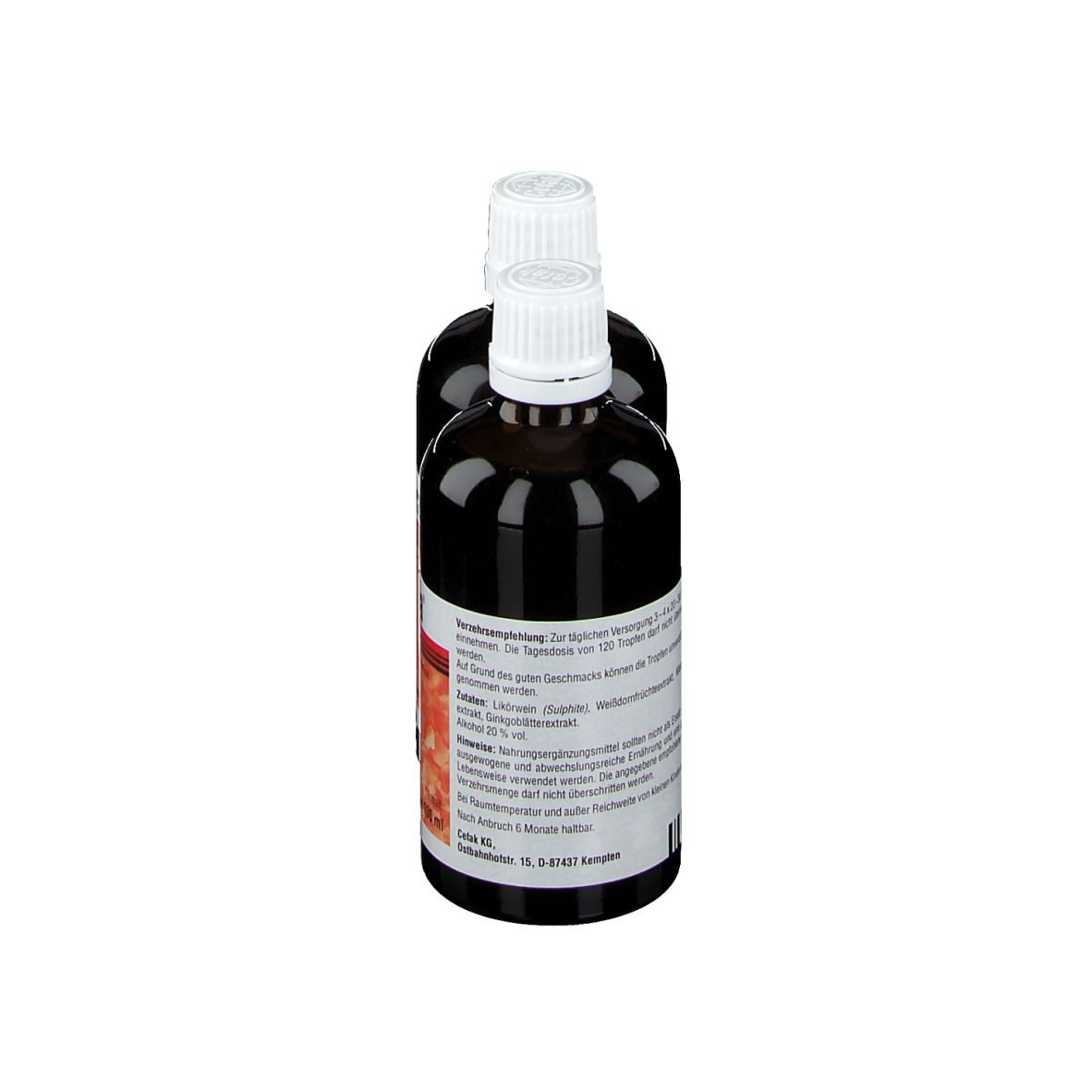 Zwei braune Flaschen Cefavora, Rückansicht. Weiße Deckel und Etiketten mit Text. Aufschrift: Ginkgo, Mistel, Weißdorn.