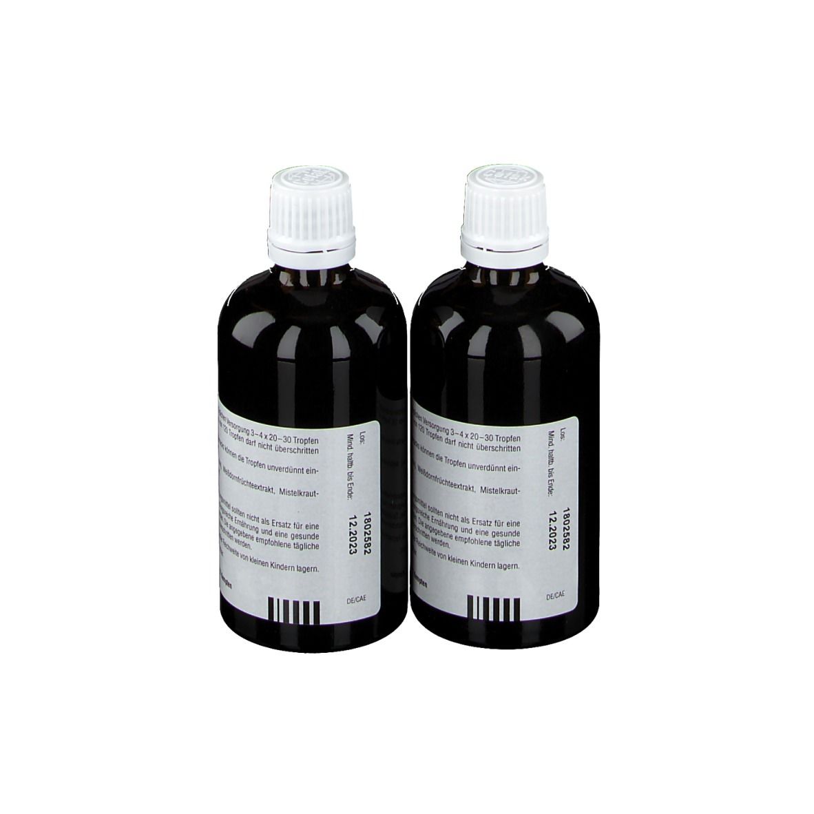 Zwei braune Flaschen Cefavora, Rückansicht. Weiße Deckel und Etiketten mit Text. Aufschrift: Ginkgo, Mistel, Weißdorn.