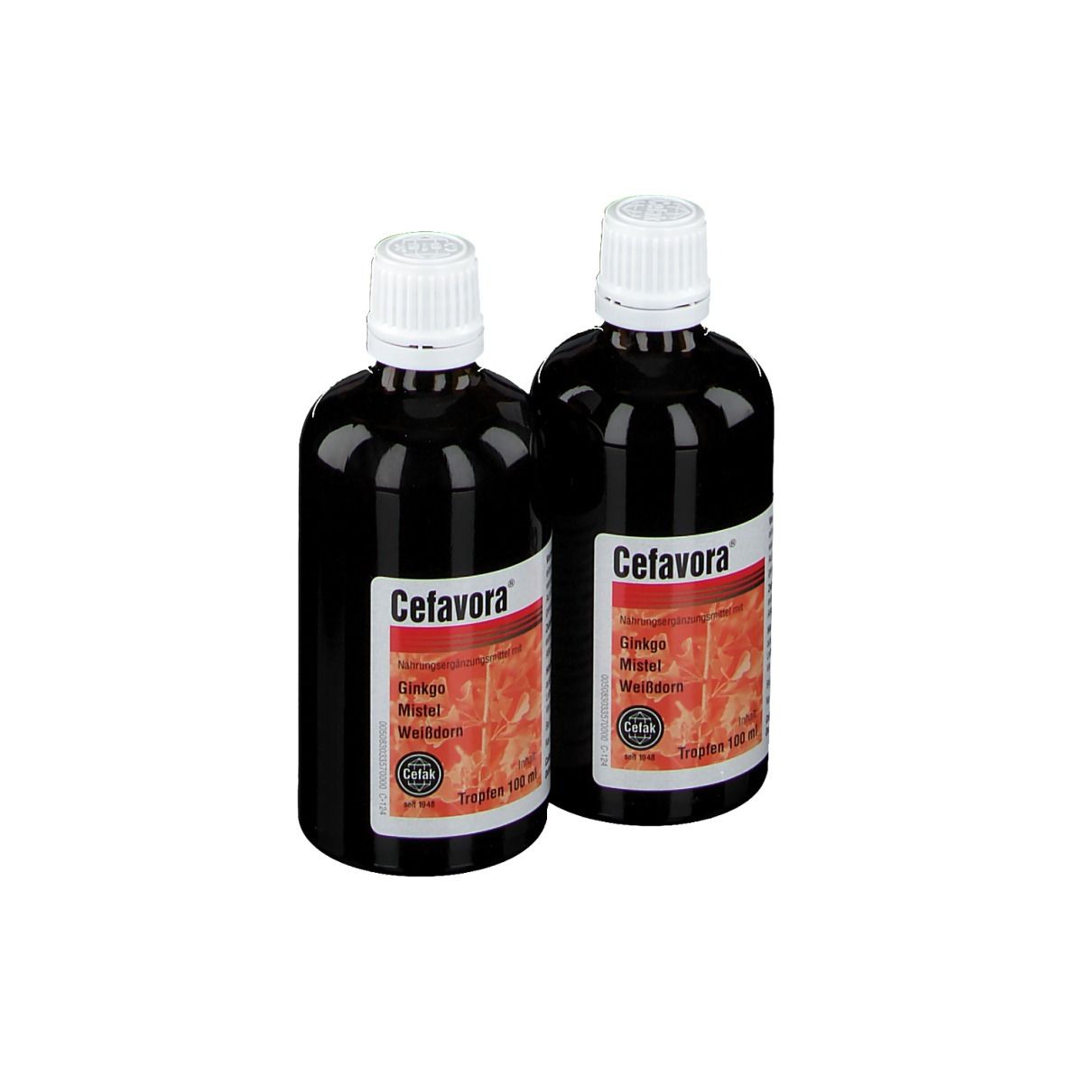 Zwei braune Flaschen Cefavora mit weißen Deckeln und Etiketten. Aufschrift: Ginkgo, Mistel, Weißdorn.