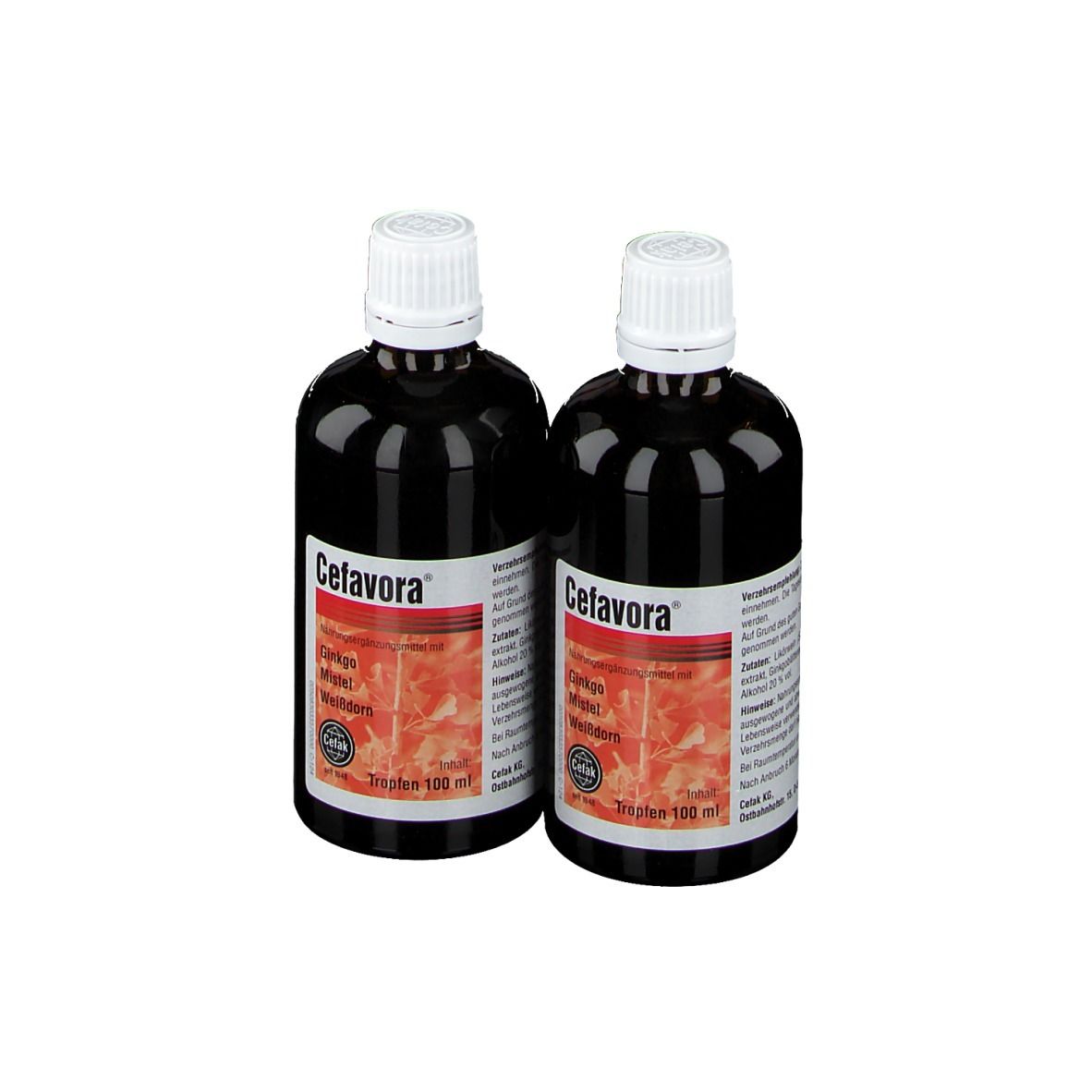 Zwei braune Flaschen Cefavora mit weißen Deckeln und Etiketten. Aufschrift: Ginkgo, Mistel, Weißdorn.